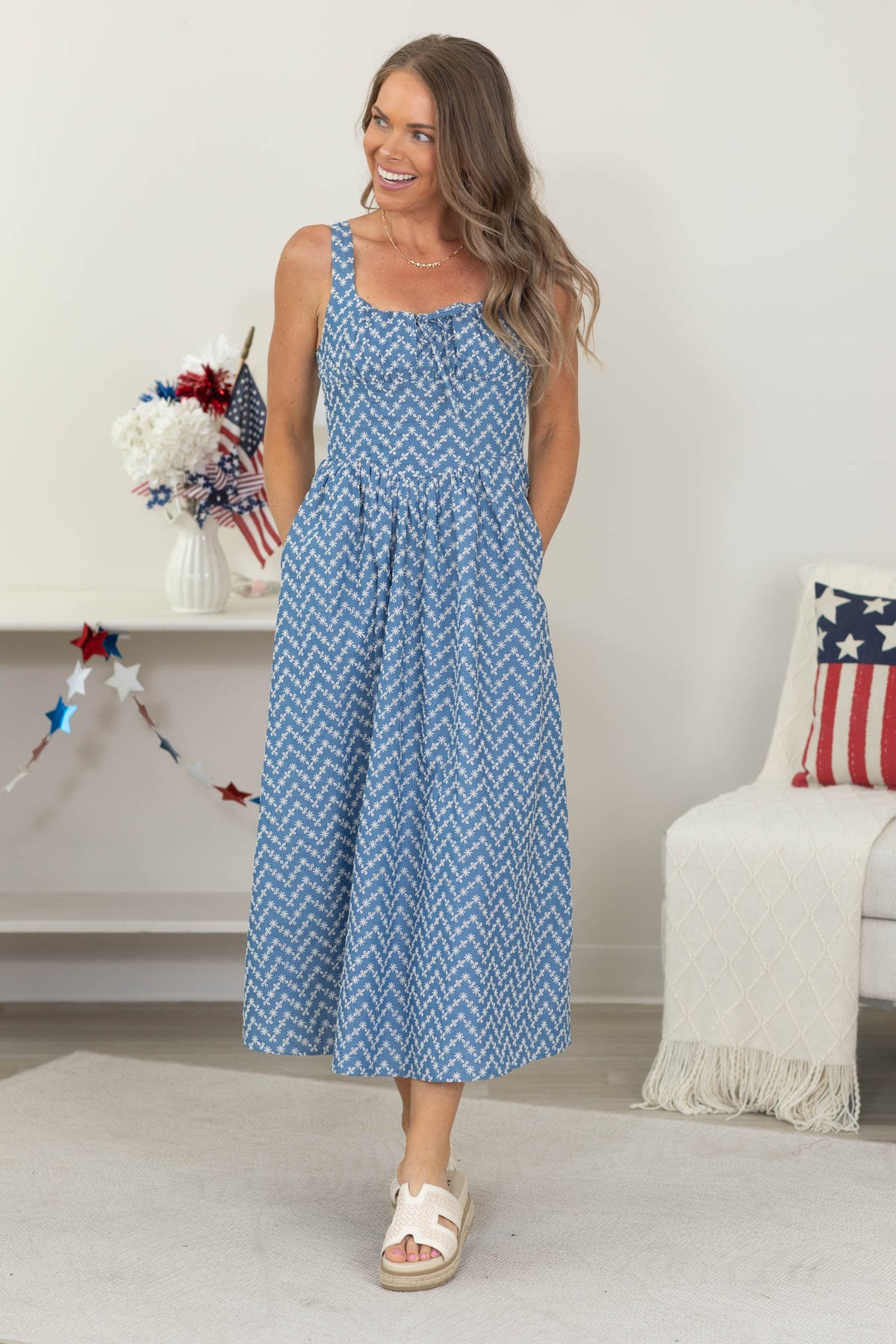 Dusty Blue Embroidered Floral Corset Midi Dress