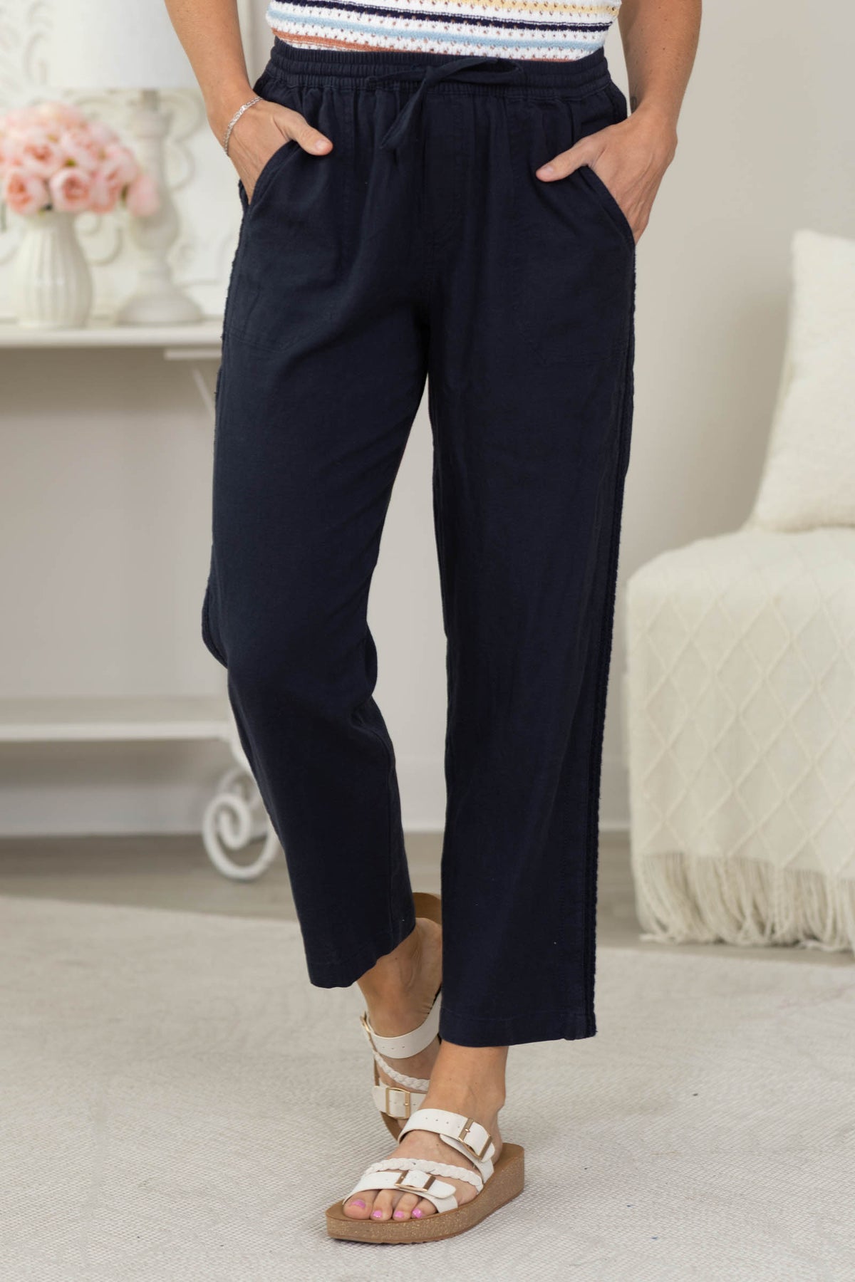 Crochet Lace Trim Tapered Linen Pants