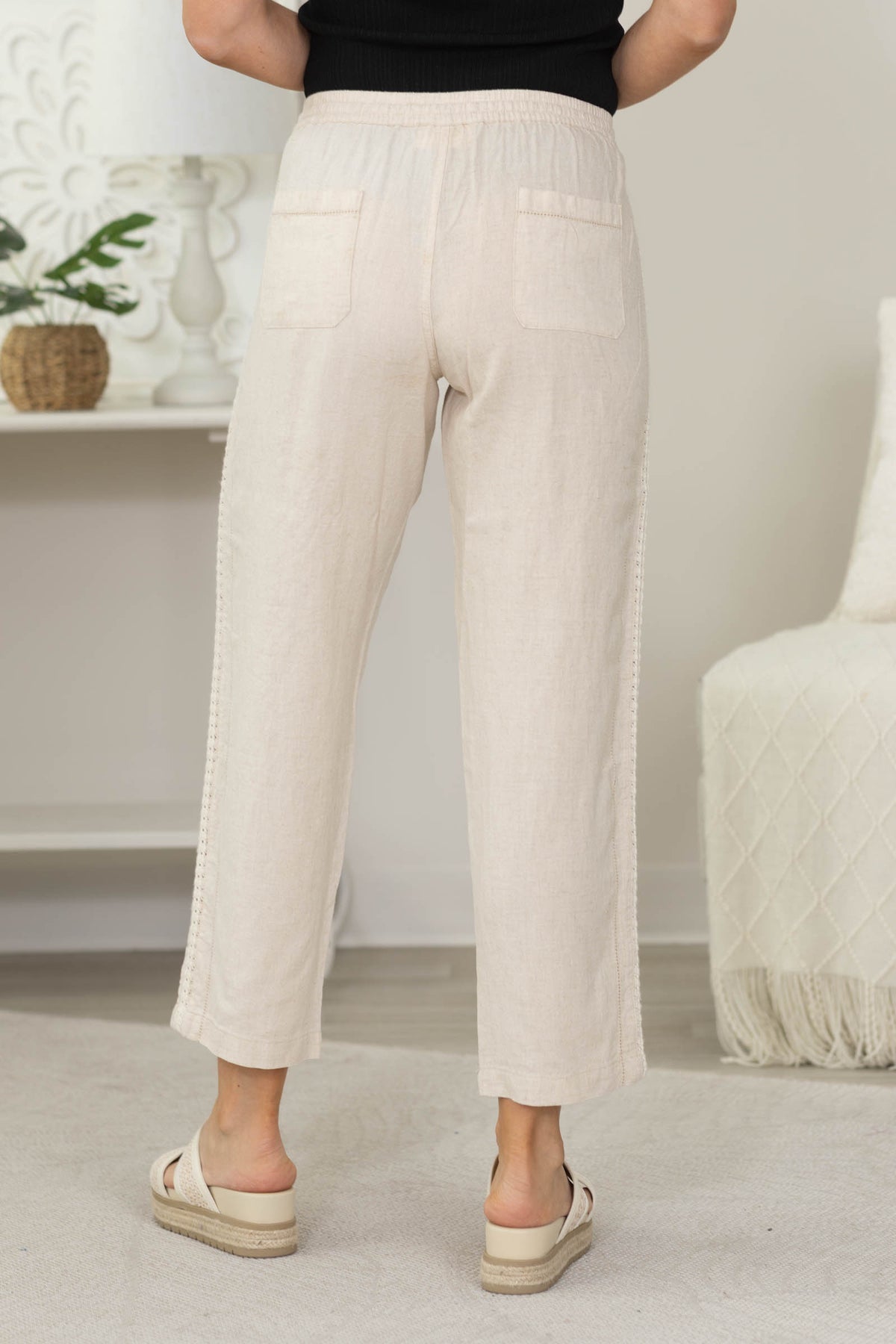 Crochet Lace Trim Tapered Linen Pants
