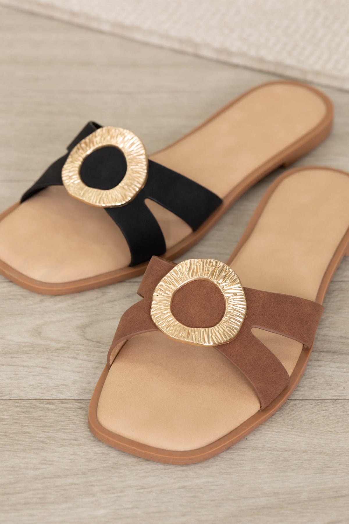 Square Toe Gold Circle Accent Slide Sandals