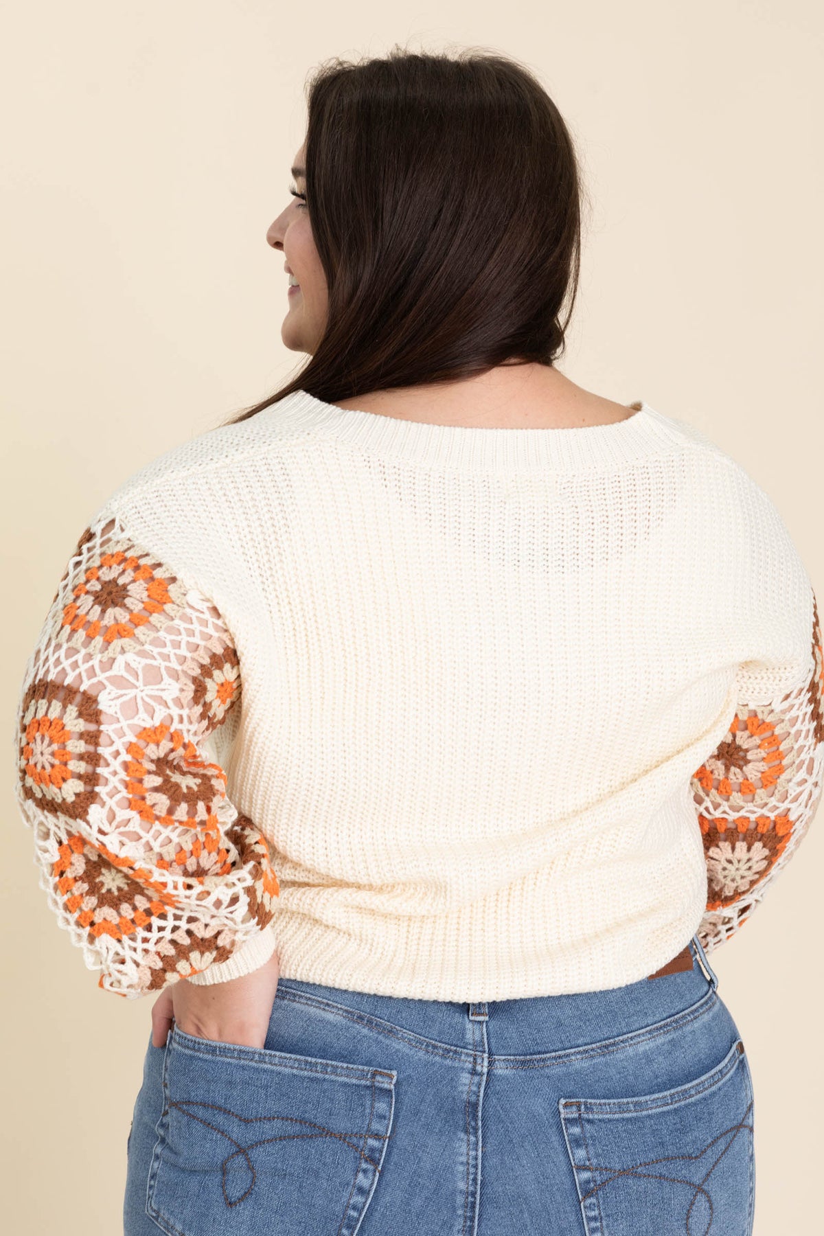 Oatmeal Granny Square Sleeve Crochet Sweater
