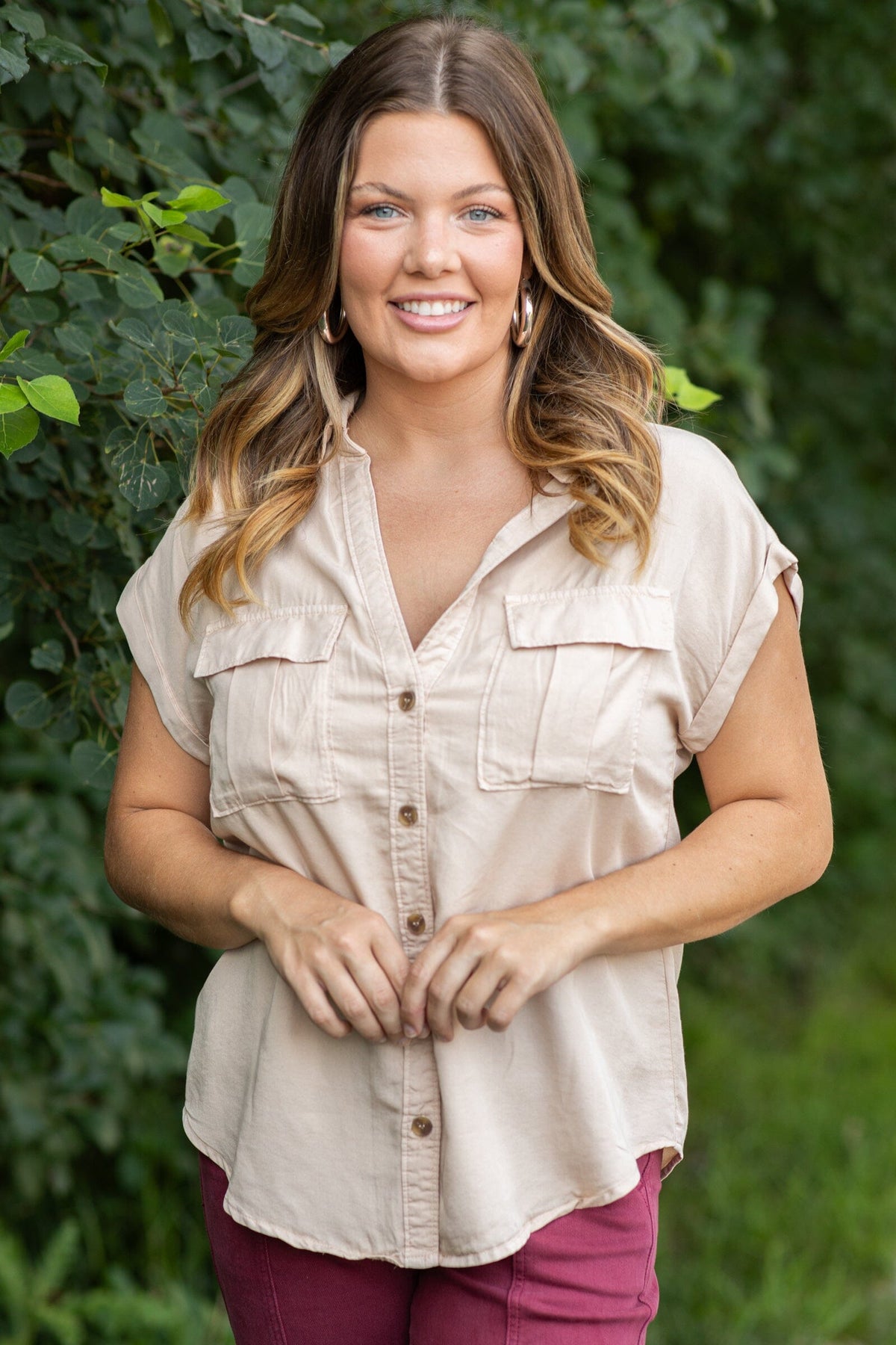 Light Tan Short Sleeve Utility Top - Filly Flair