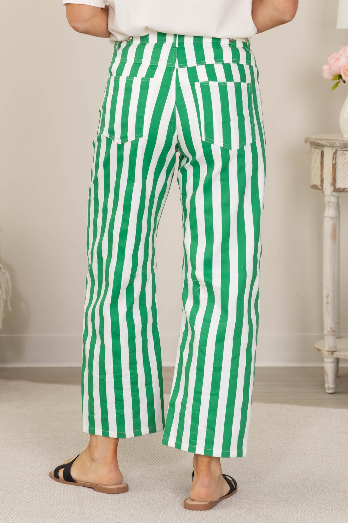 Green Cotton Striped Pocket Rope String Pants