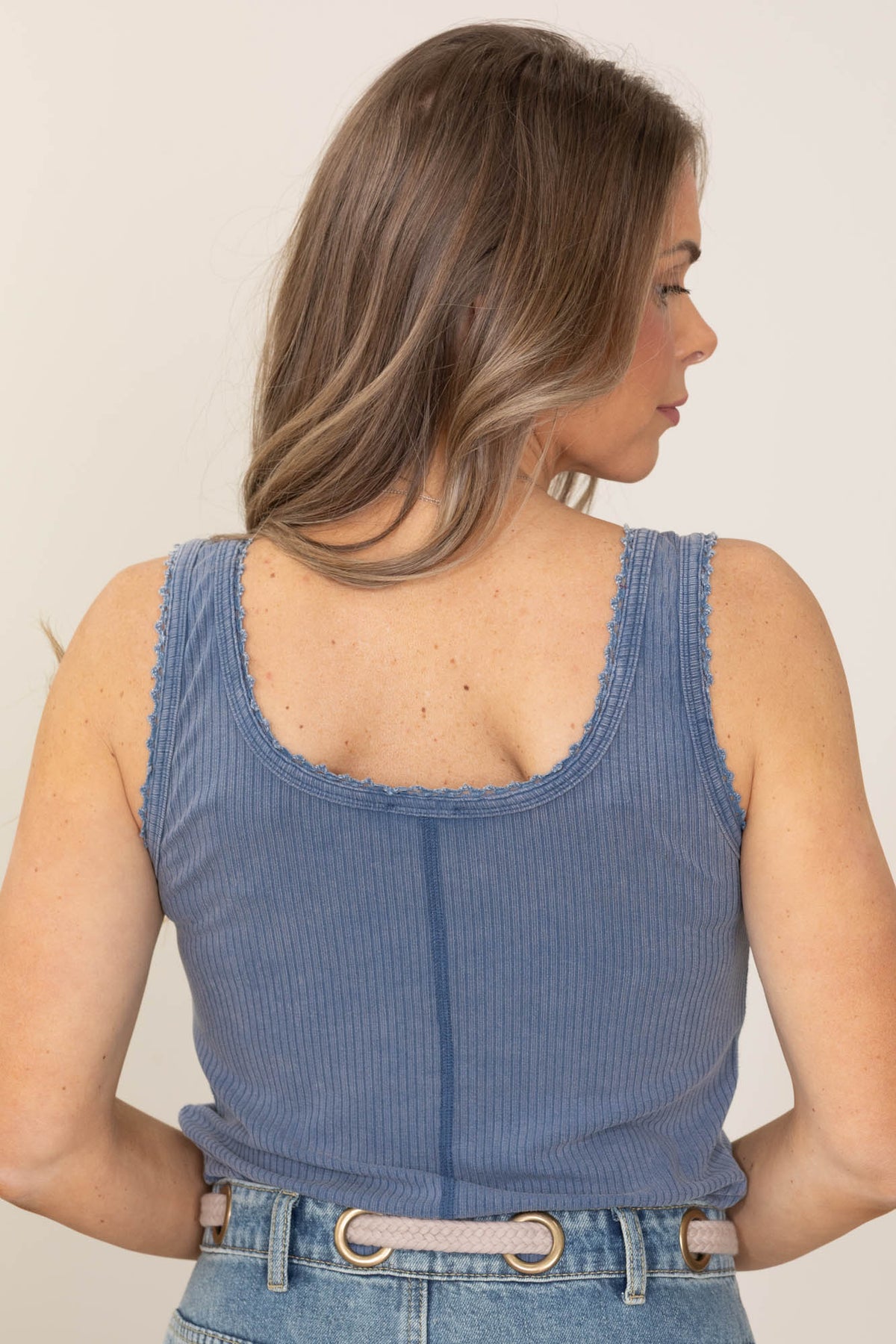 Lace Detail Mineral Washed Knit Tank Tops