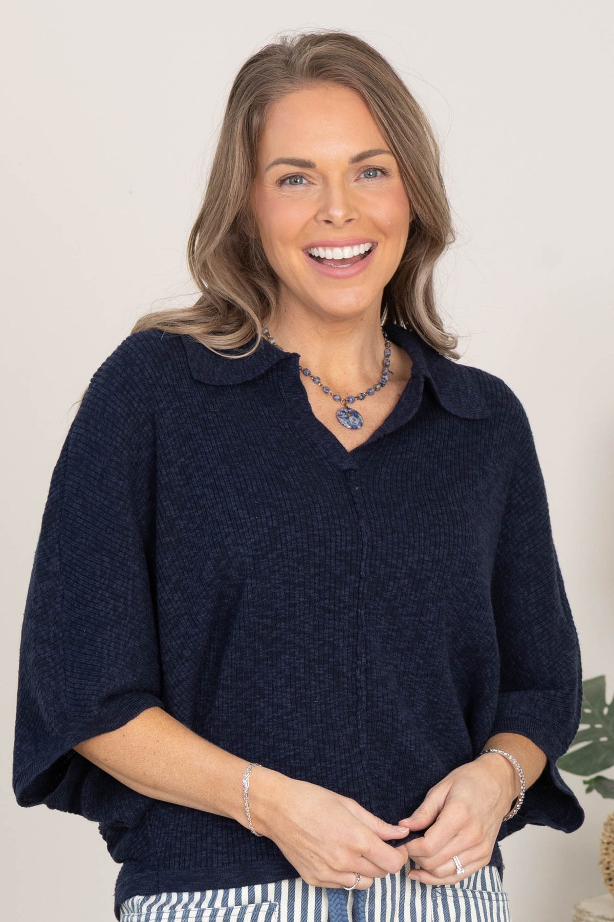 Cotierra V-Neck Collared Pullover with 3/4 Length Sleeves