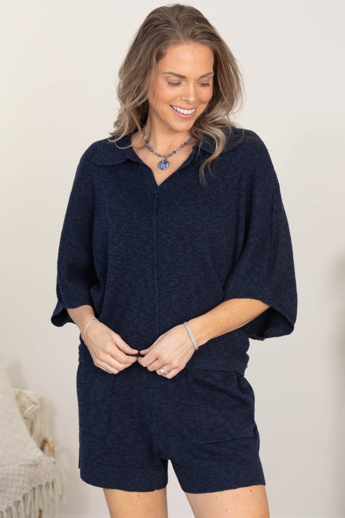 Cotierra V-Neck Collared Pullover with 3/4 Length Sleeves