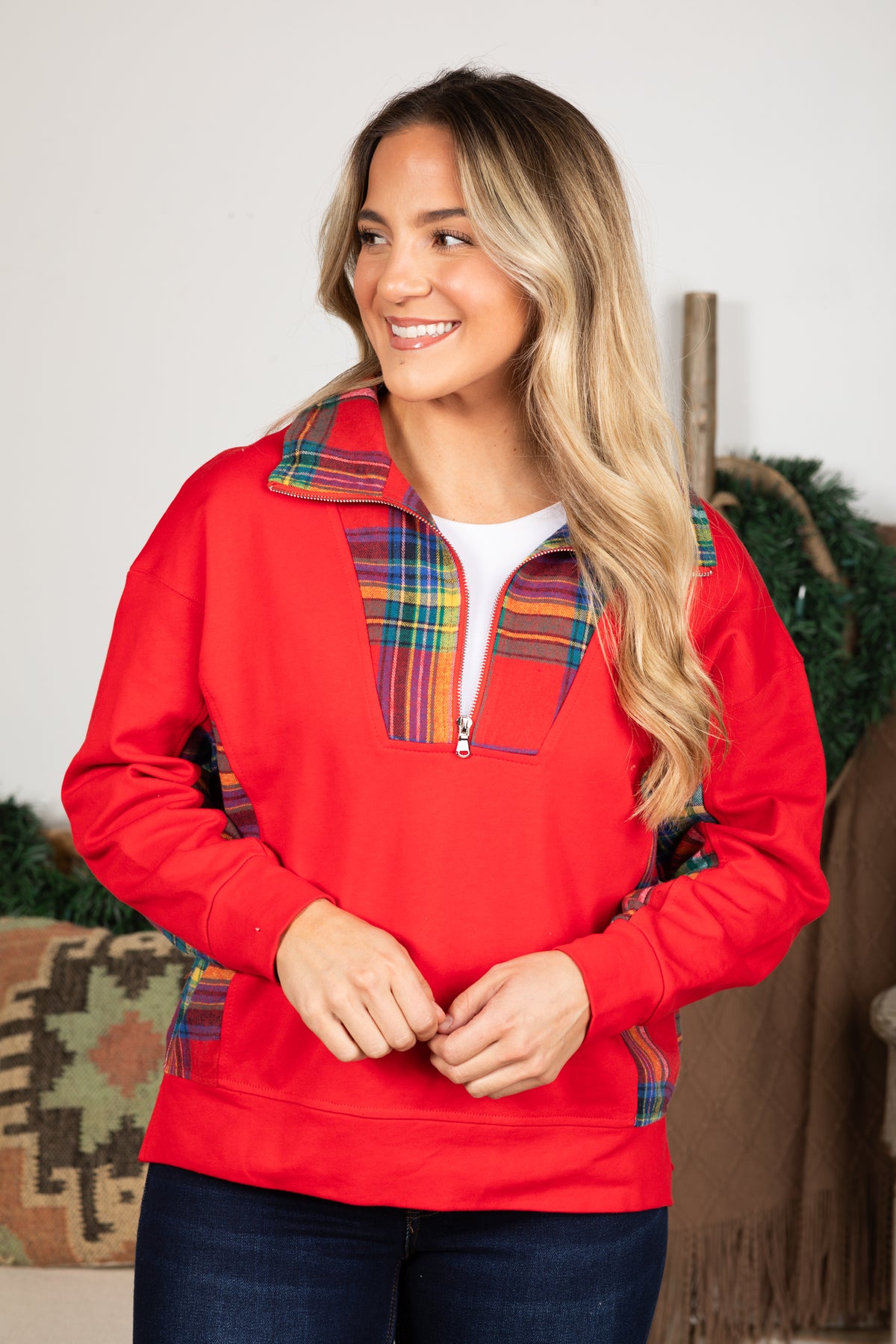 French Terry With Plaid Quarter Zip