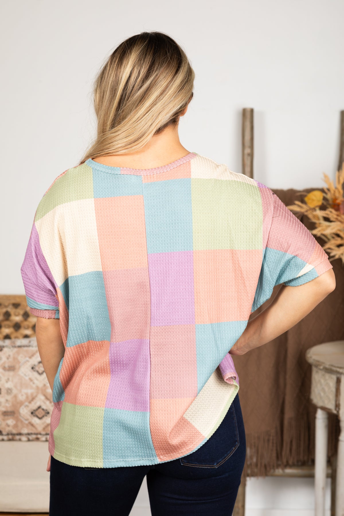 Orchid And Sage Checkered Knit Top