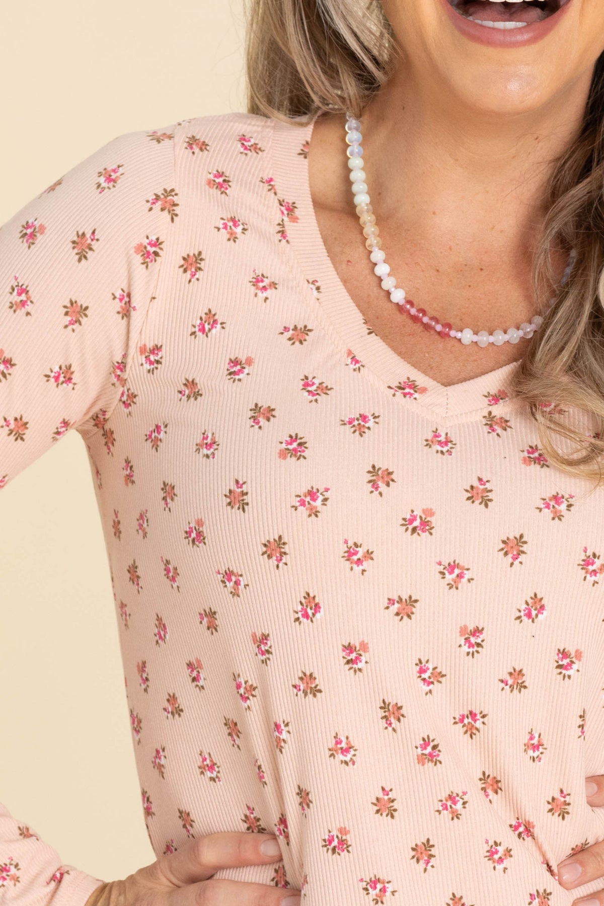 Rib Floral V-Neck Long Sleeve Knit Tops