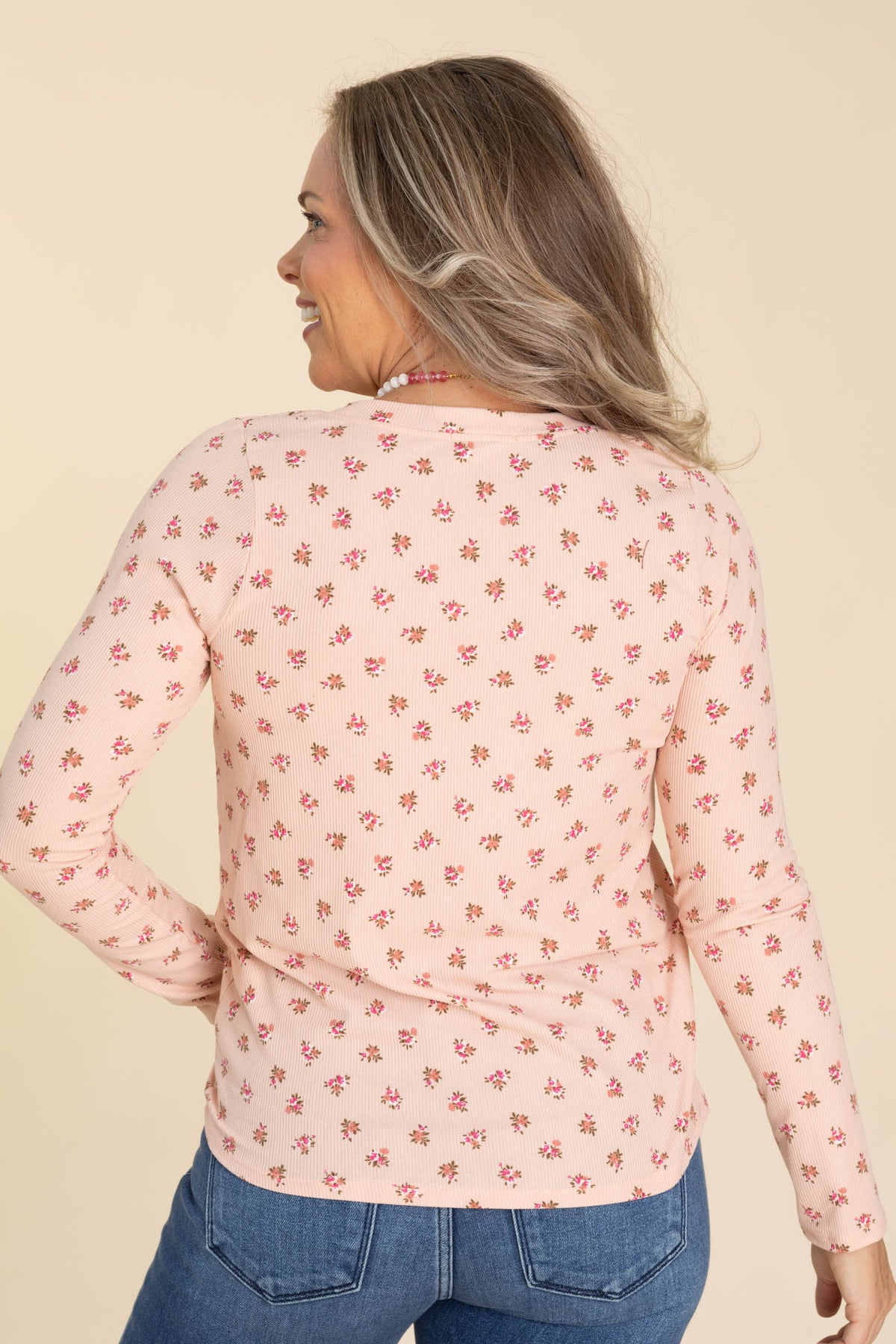Rib Floral V-Neck Long Sleeve Knit Tops