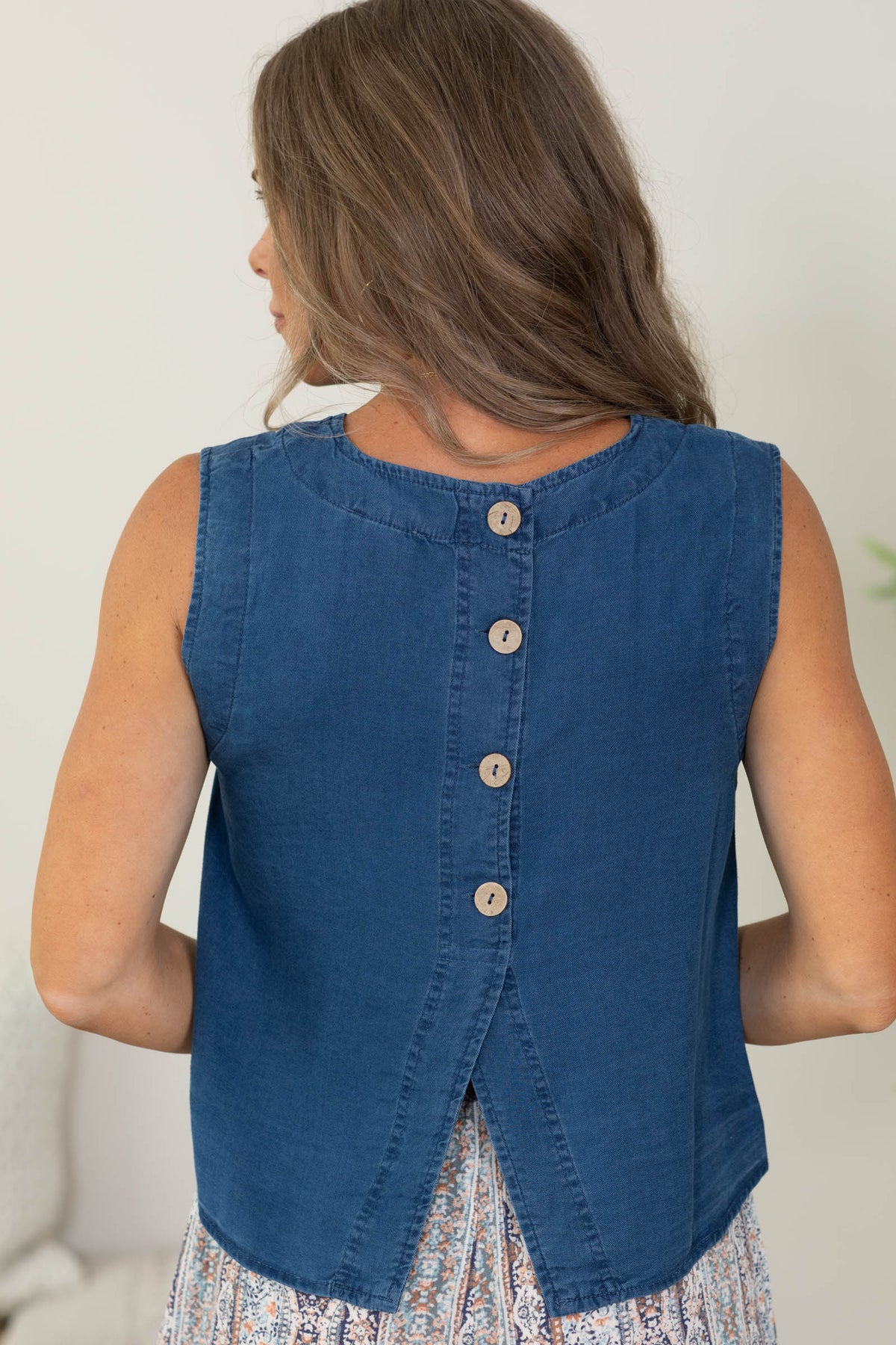 Dark Blue Back Half Button Detail Top