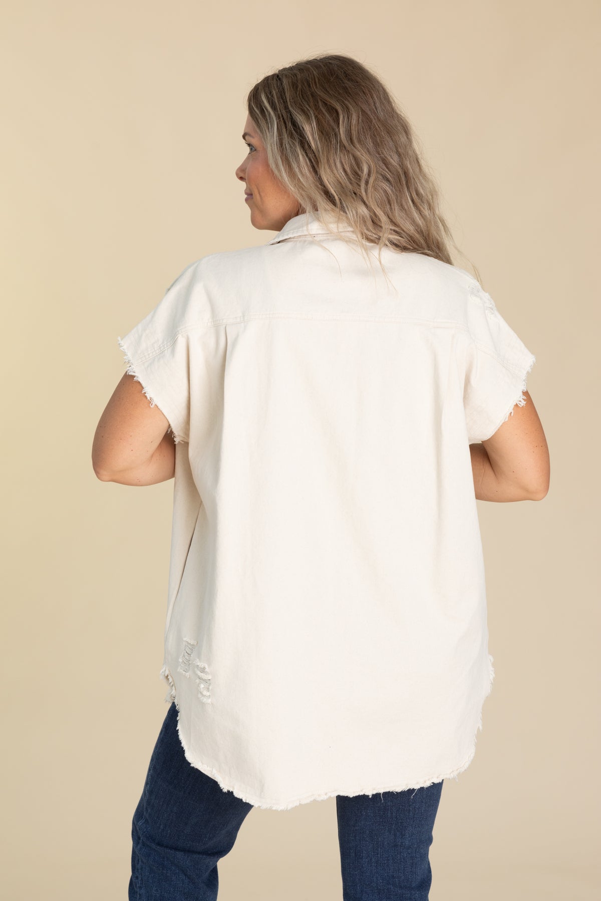 Beige Raw Hem Button Up Woven Top