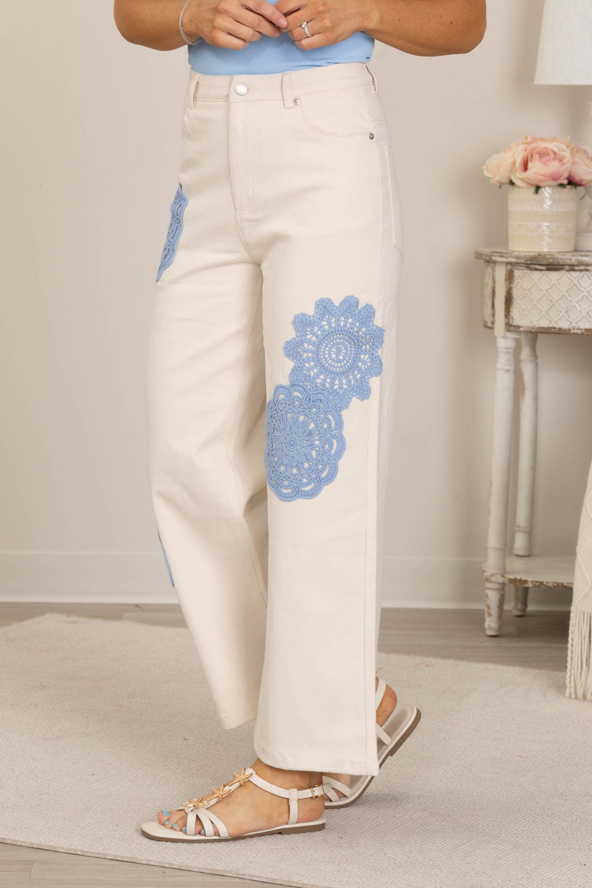 Cream Pants With Lace Patchwork Detail