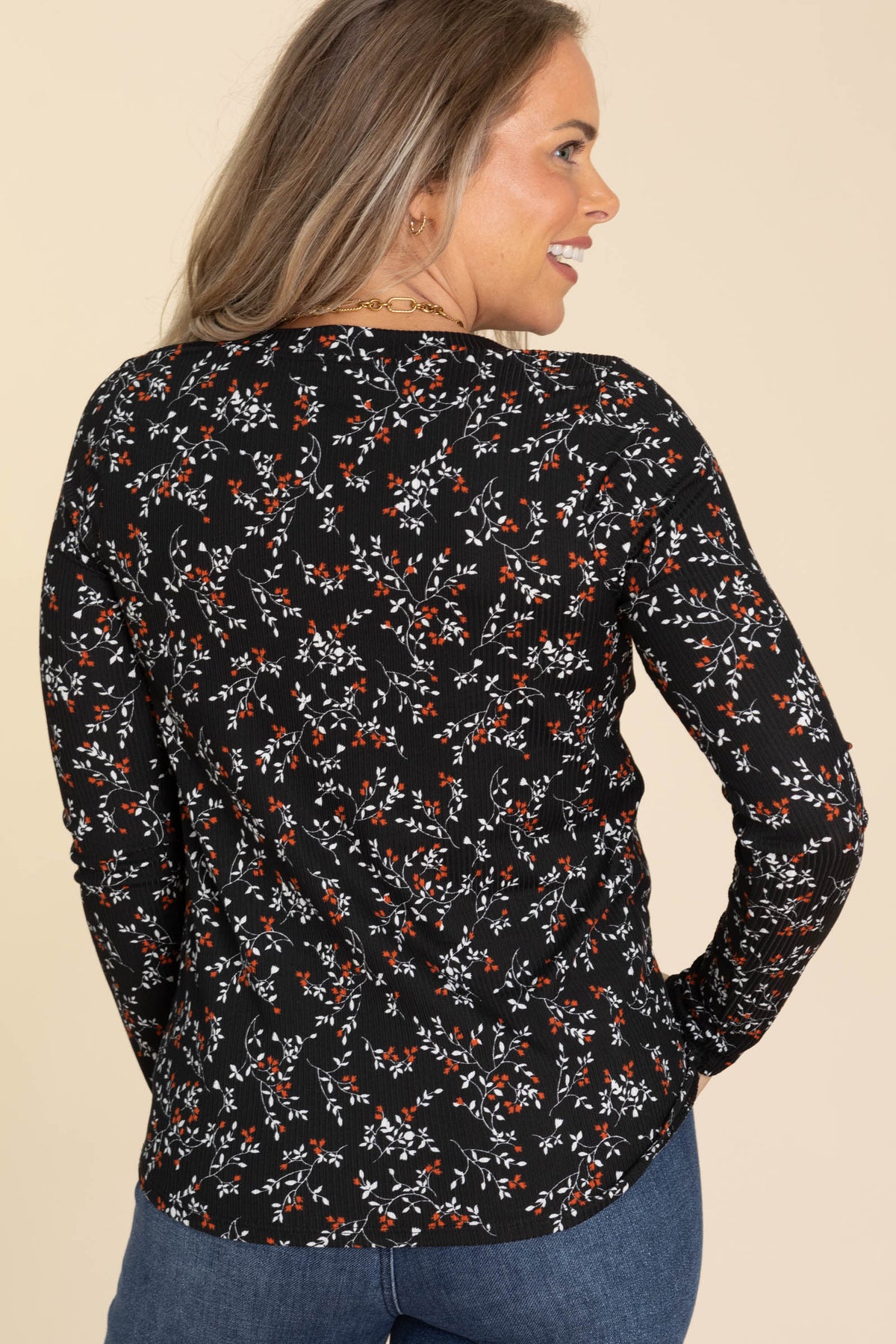 Rib Floral V-Neck Long Sleeve Knit Tops