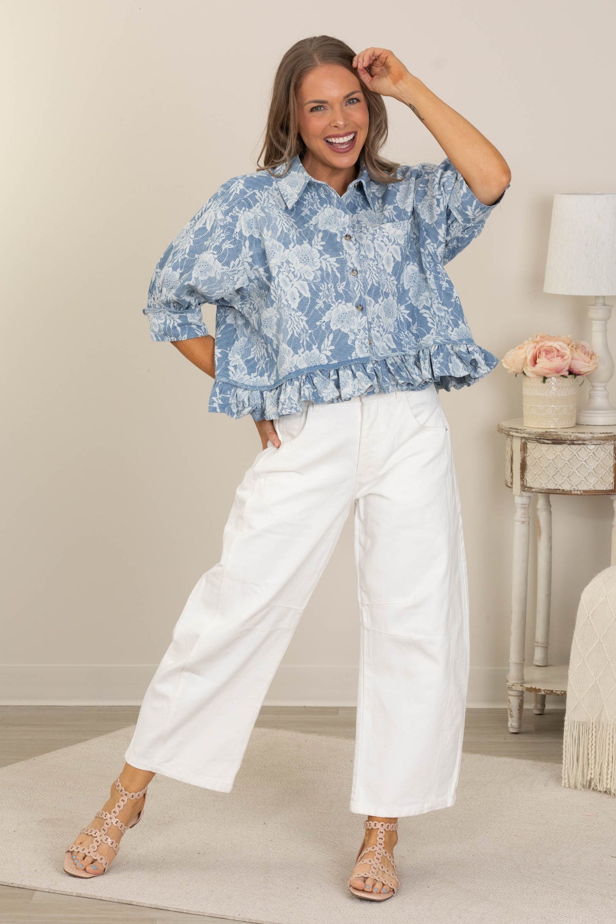 Denim Flower Printed Ruffled Hem Buttoned Top