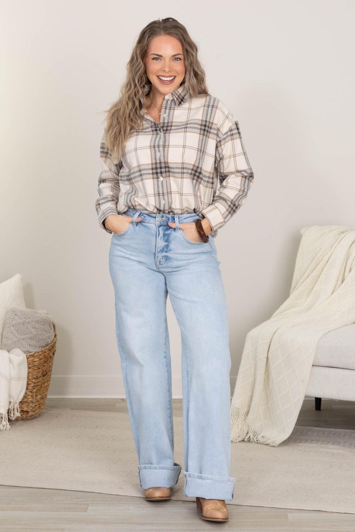 Plaid Boxy Button Down Tops