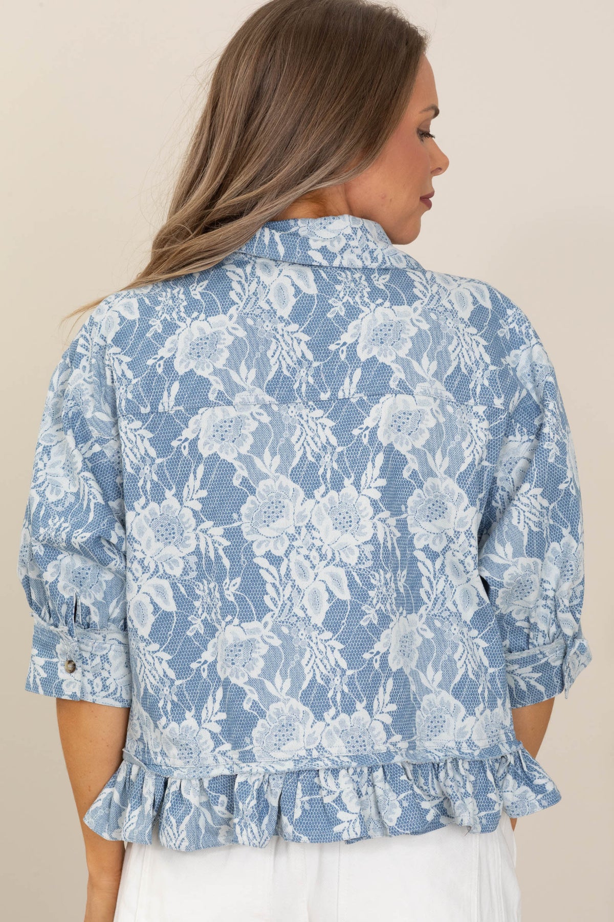 Denim Flower Printed Ruffled Hem Buttoned Top