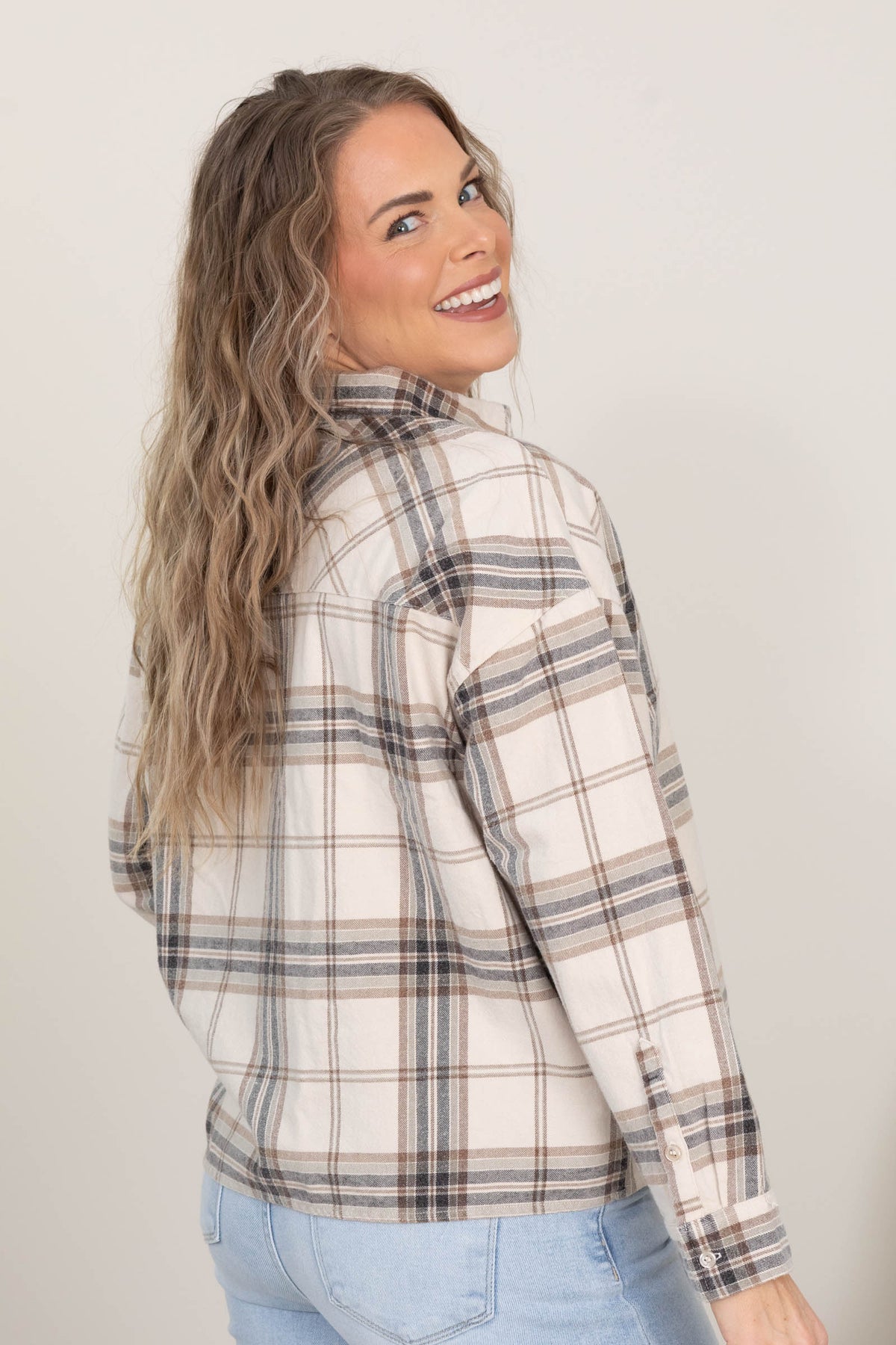 Plaid Boxy Button Down Tops