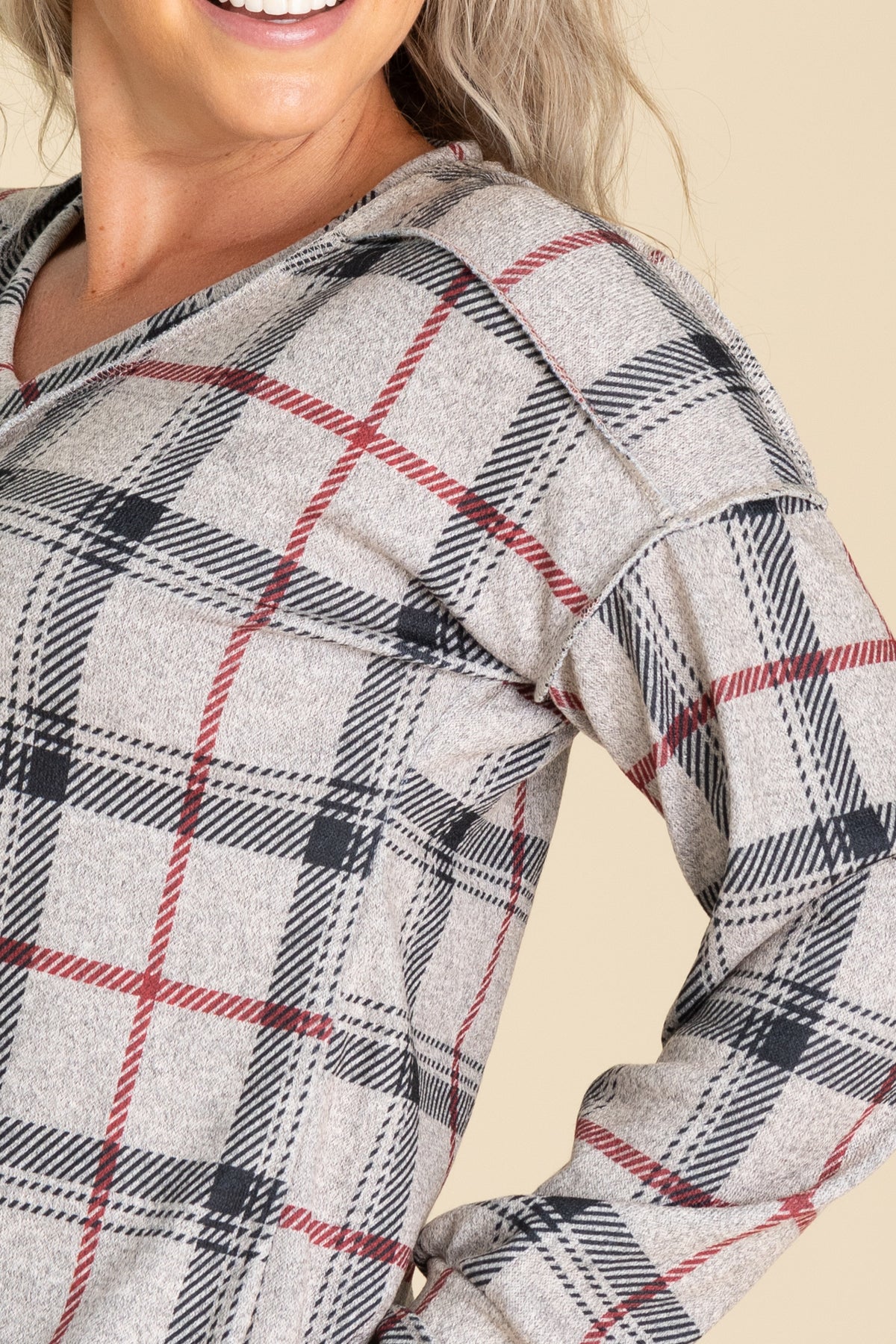 Oatmeal And Red Plaid Long Sleeve Knit Top