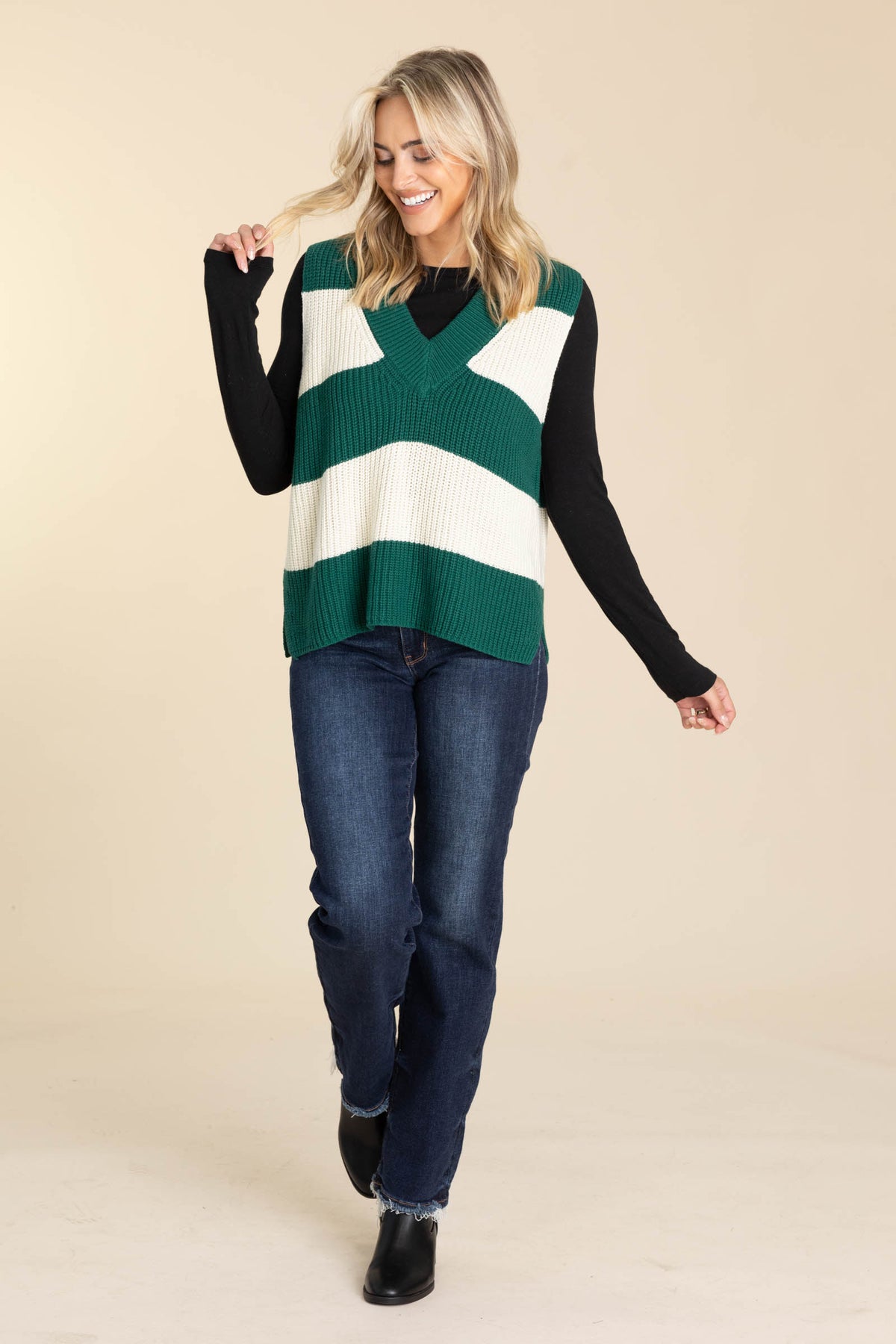 Green And Ivory Striped V-Neck Sweater Vest