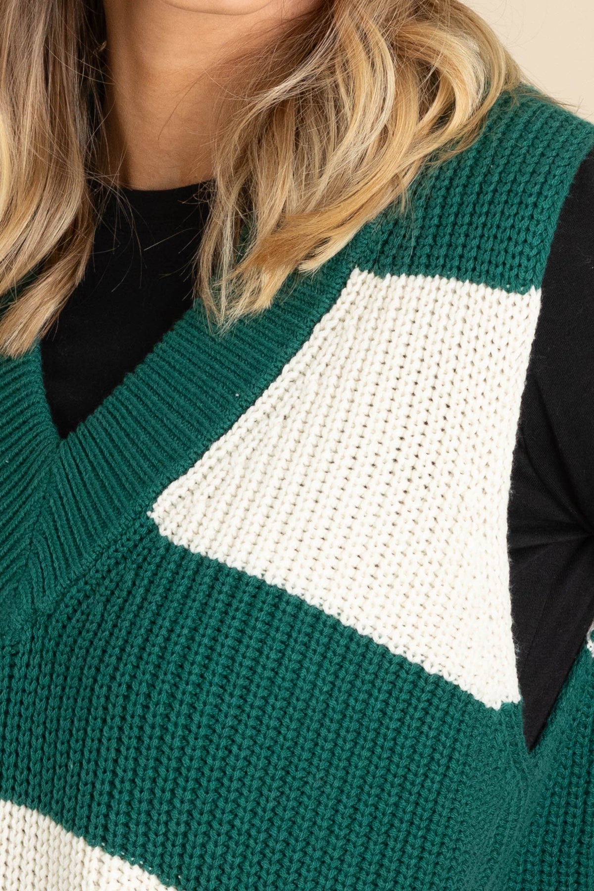 Green And Ivory Striped V-Neck Sweater Vest