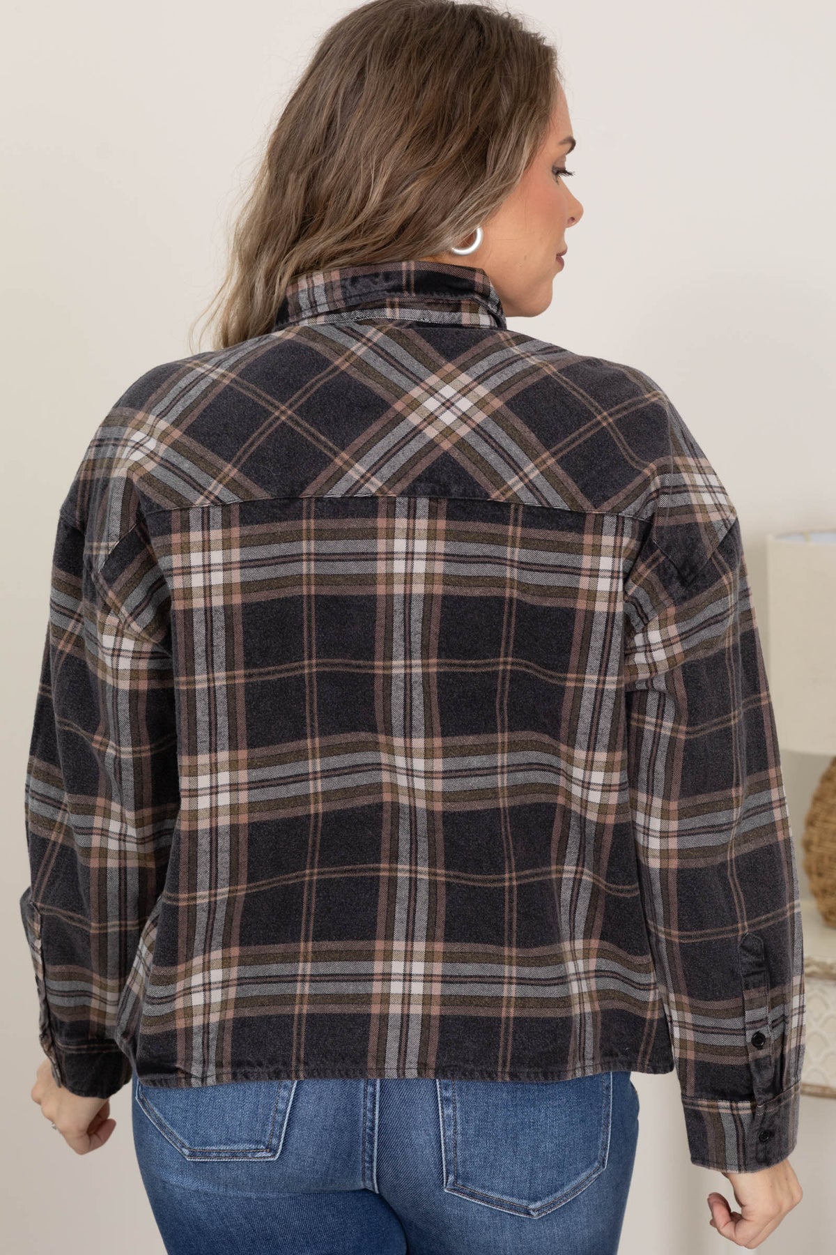 Plaid Boxy Button Down Tops