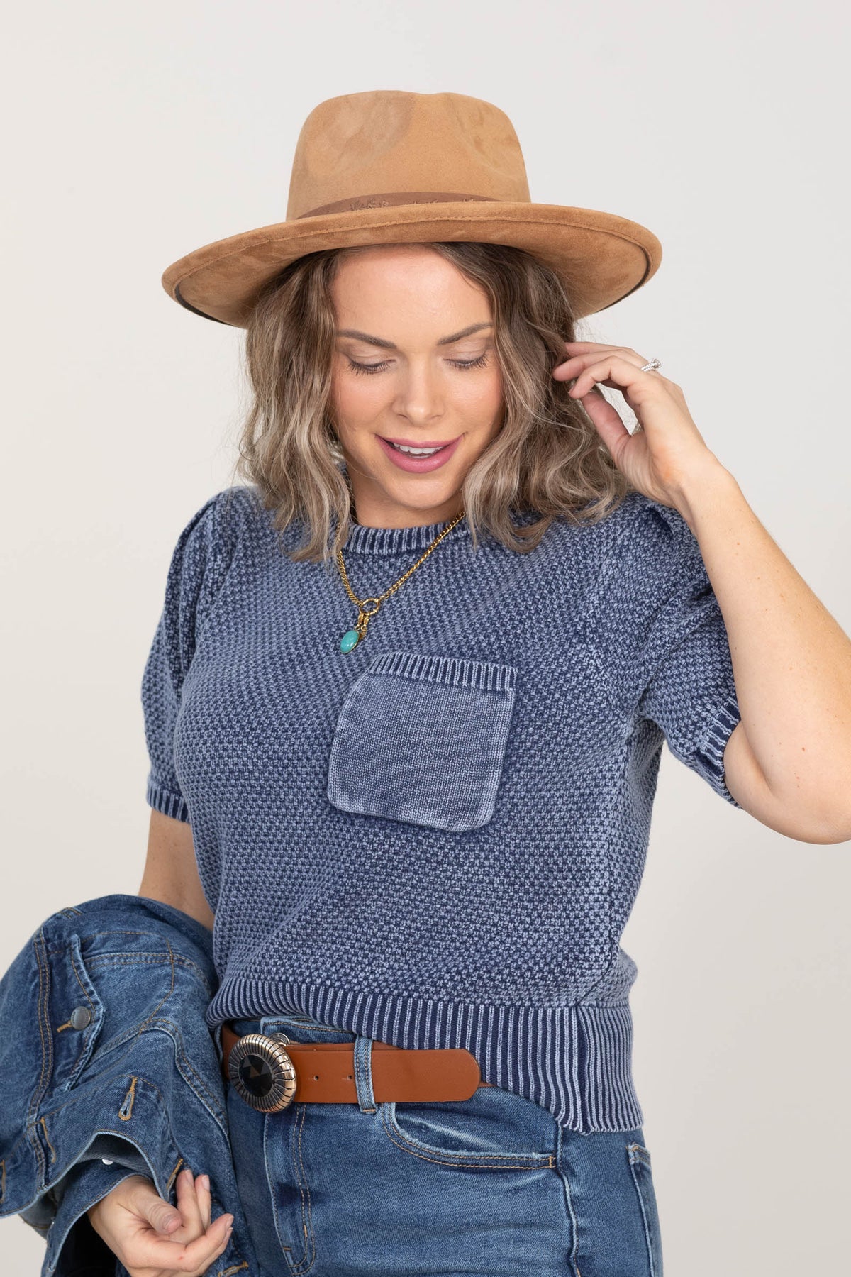 Denim Mineral Washed Short Sleeve Knit Sweater