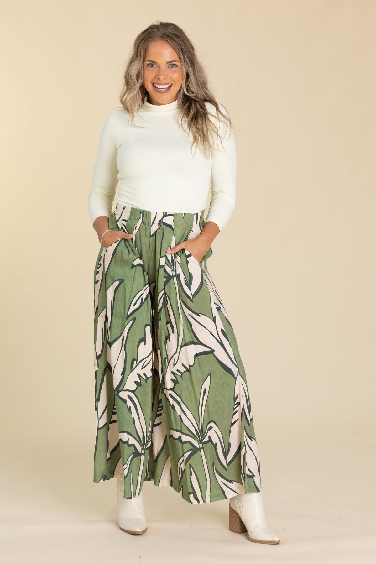 Sage Leafy Print Wide Leg Pull On Pants