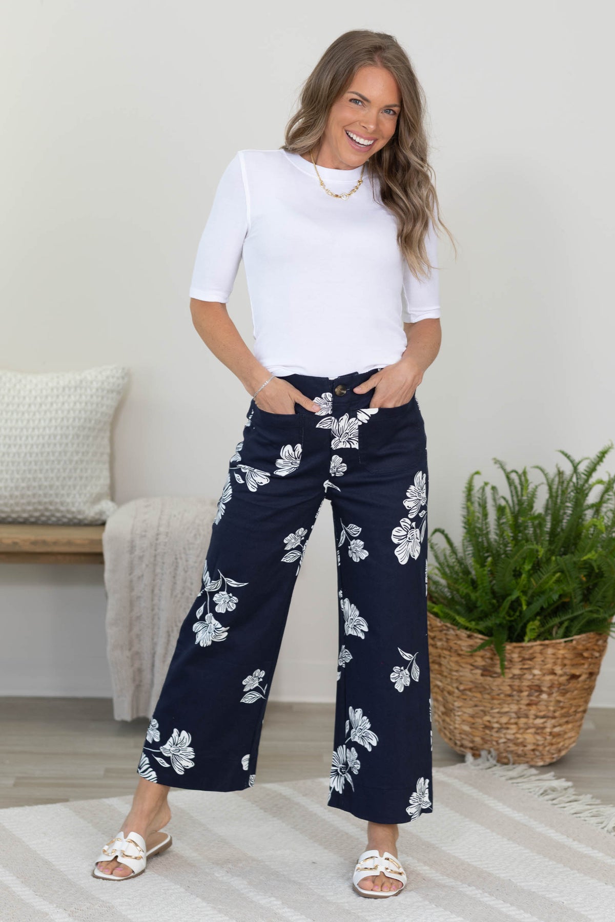 Navy Cropped Wide Leg Flower Pants