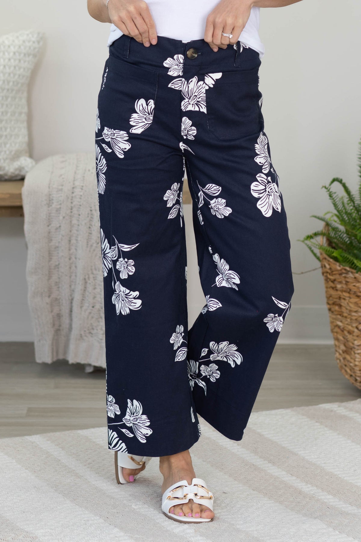 Navy Cropped Wide Leg Flower Pants