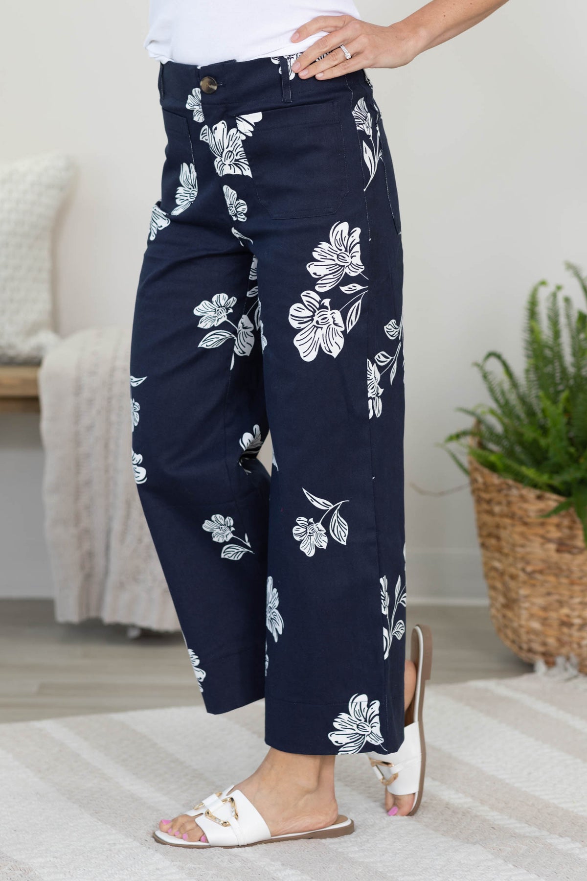 Navy Cropped Wide Leg Flower Pants