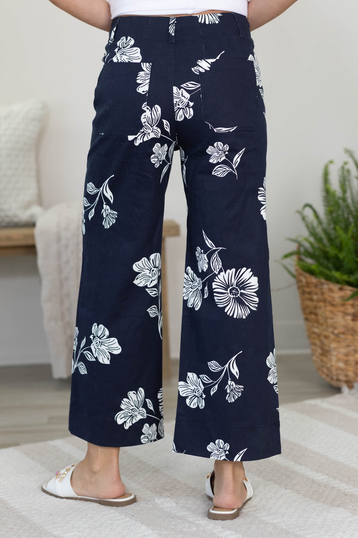 Navy Cropped Wide Leg Flower Pants