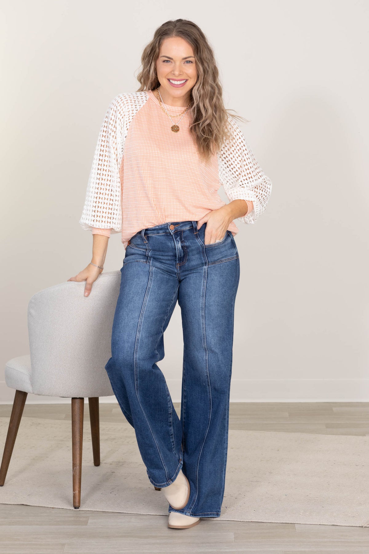 Two Tone Knit Top With Eyelet Lace Sleeve