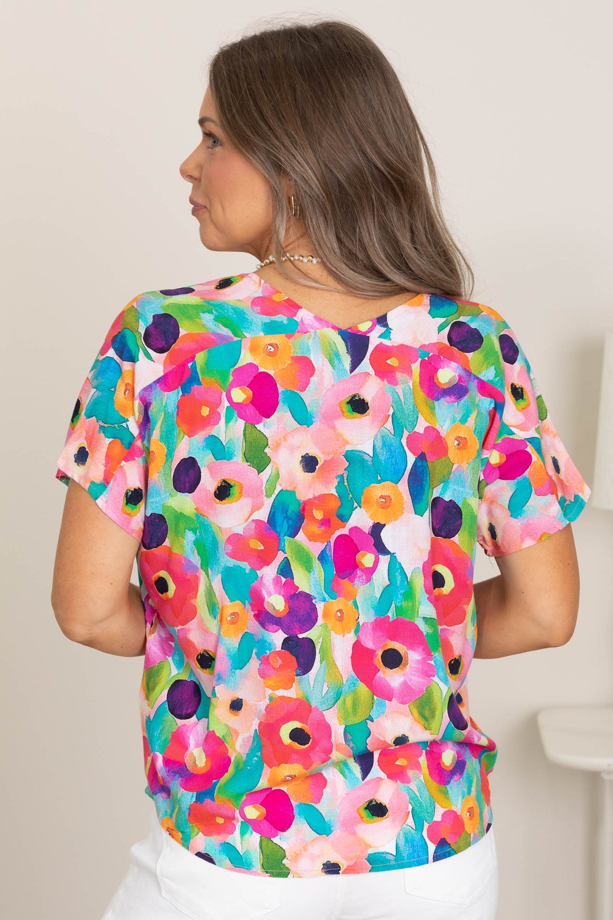 Pink And Peach Floral Relaxed V-Neck Woven Top