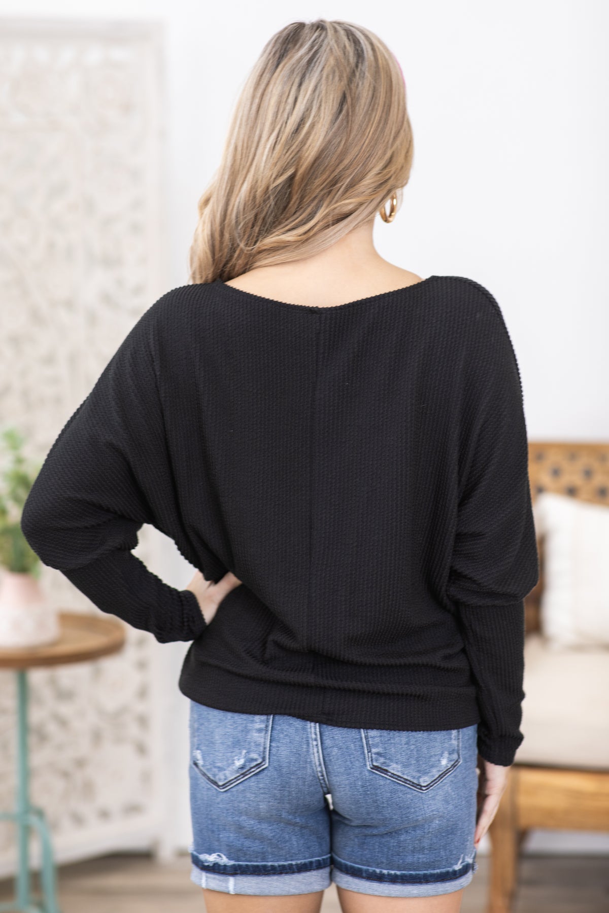 Black Ribbed Dolman Sleeve Knit Top