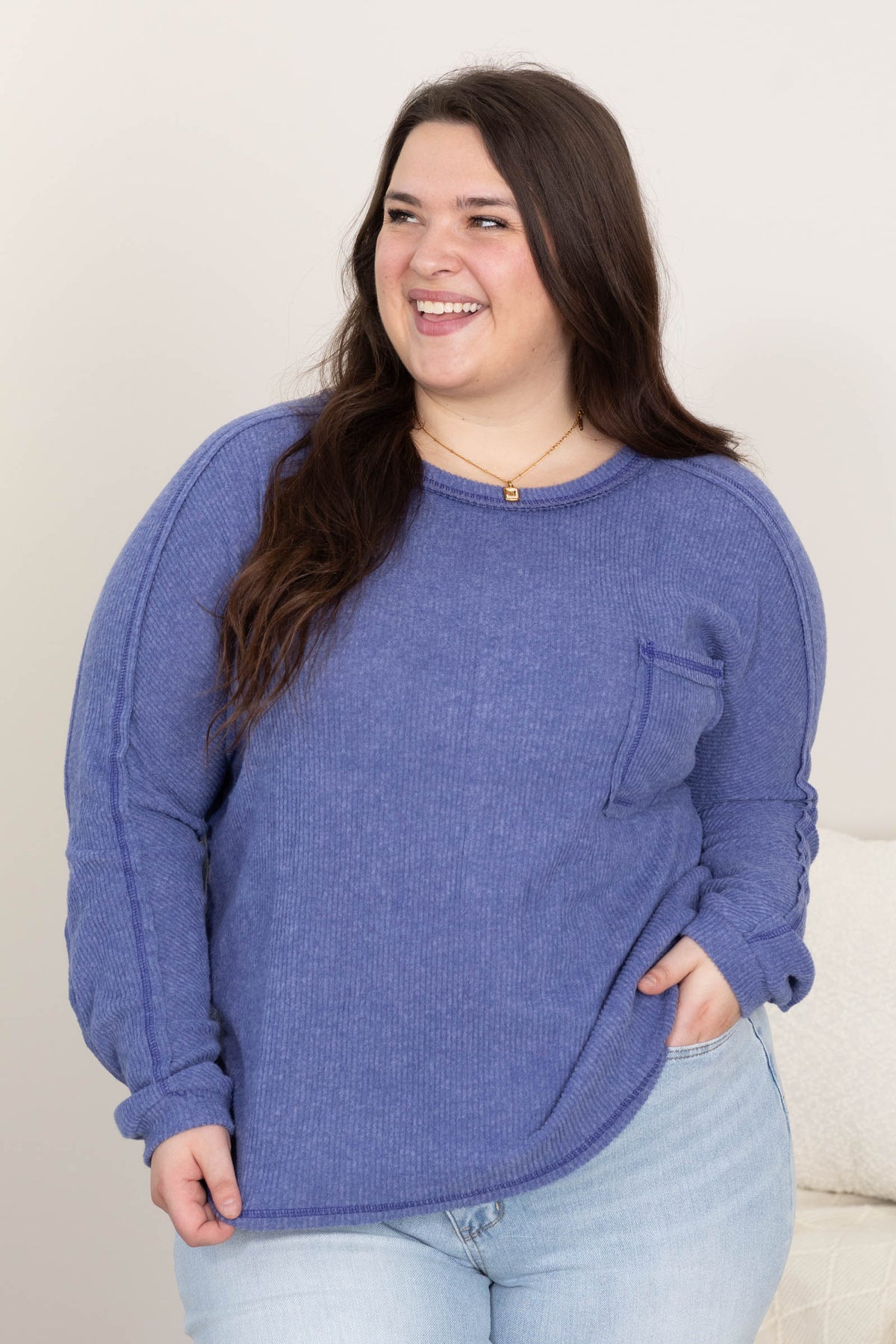 Brushed Ribbed Hacci Round Neck Knit Tops