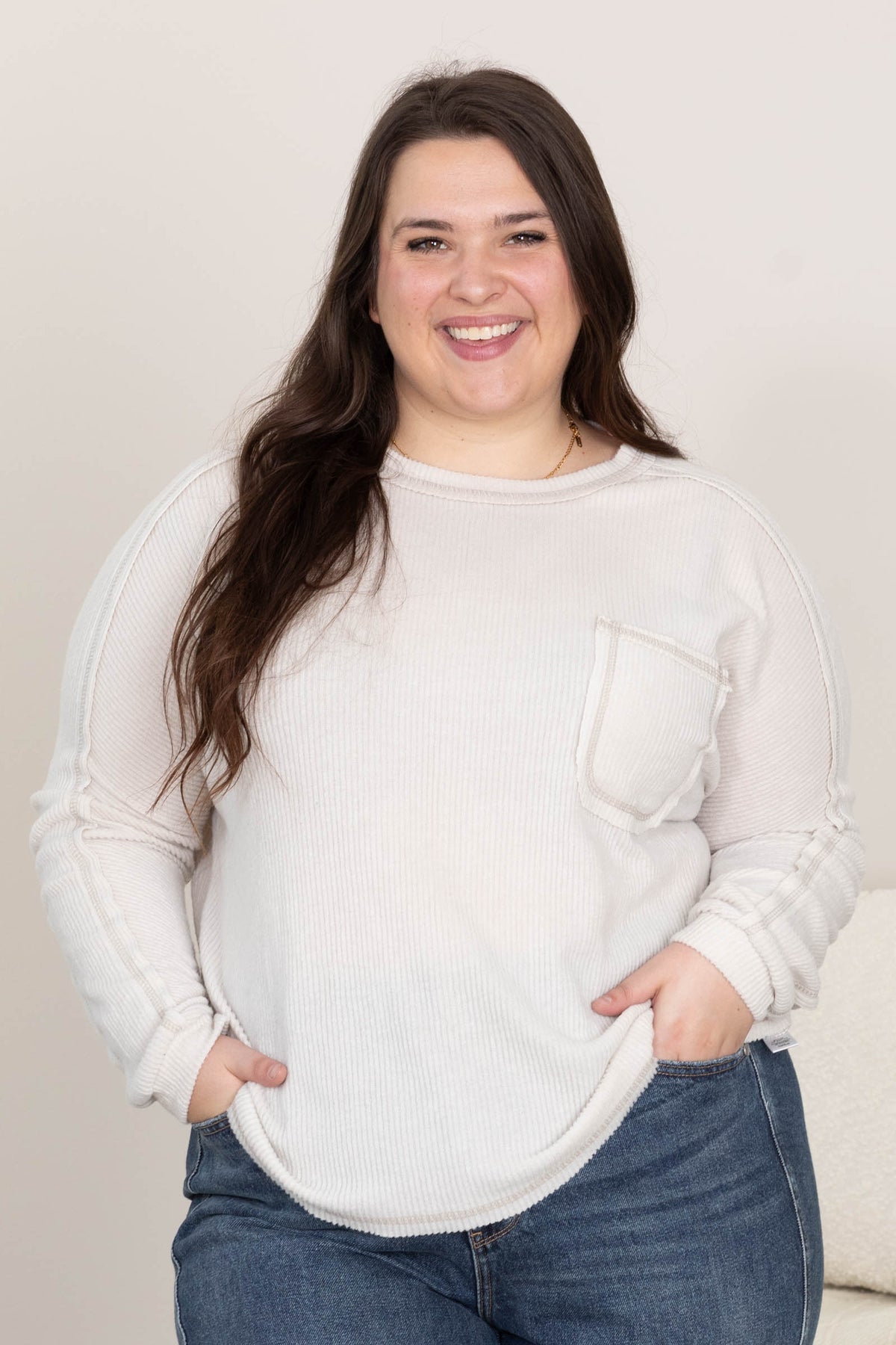 Brushed Ribbed Hacci Round Neck Knit Tops