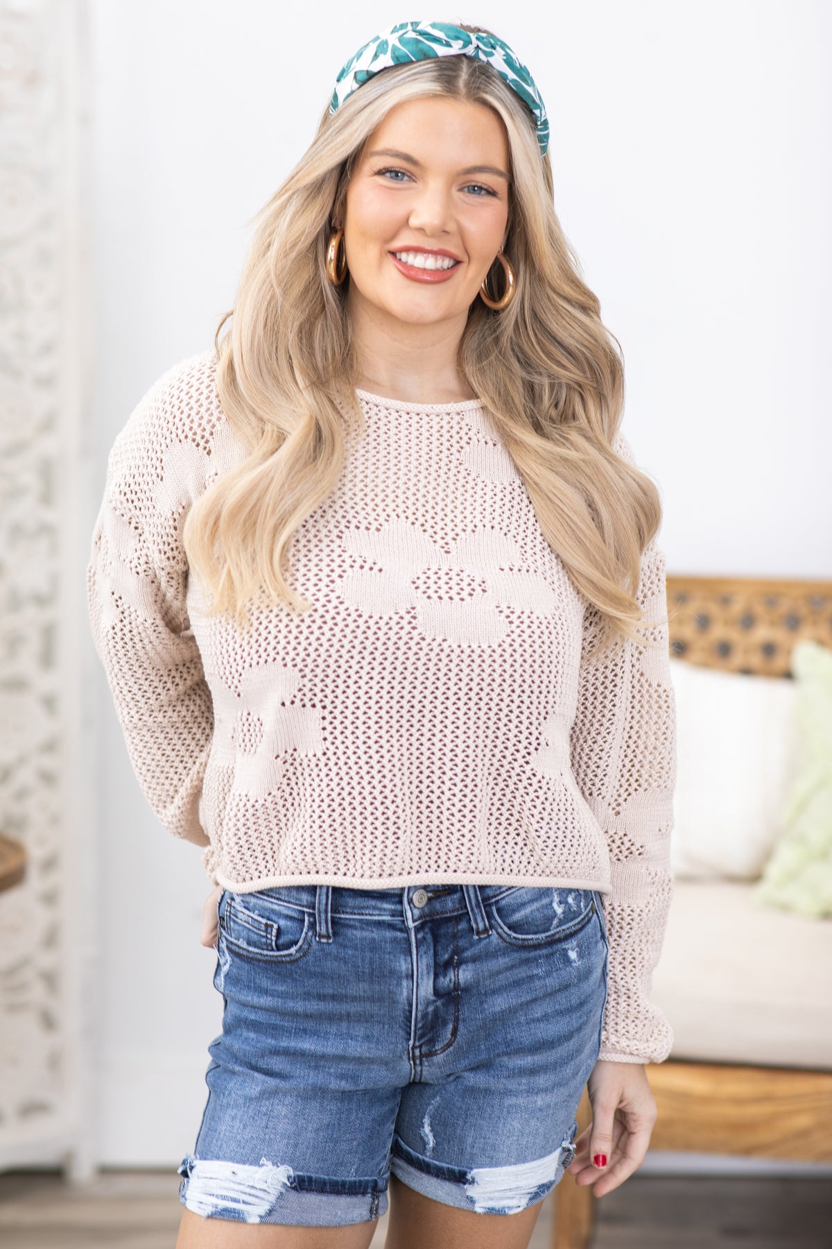 Beige Flower Pattern Crochet Sweater Top