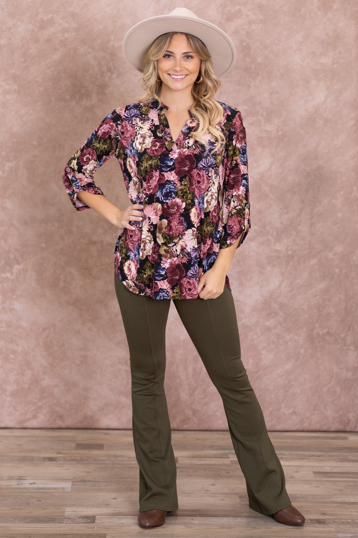 Black And Olive Floral Wrinkle Free Lizzy Top