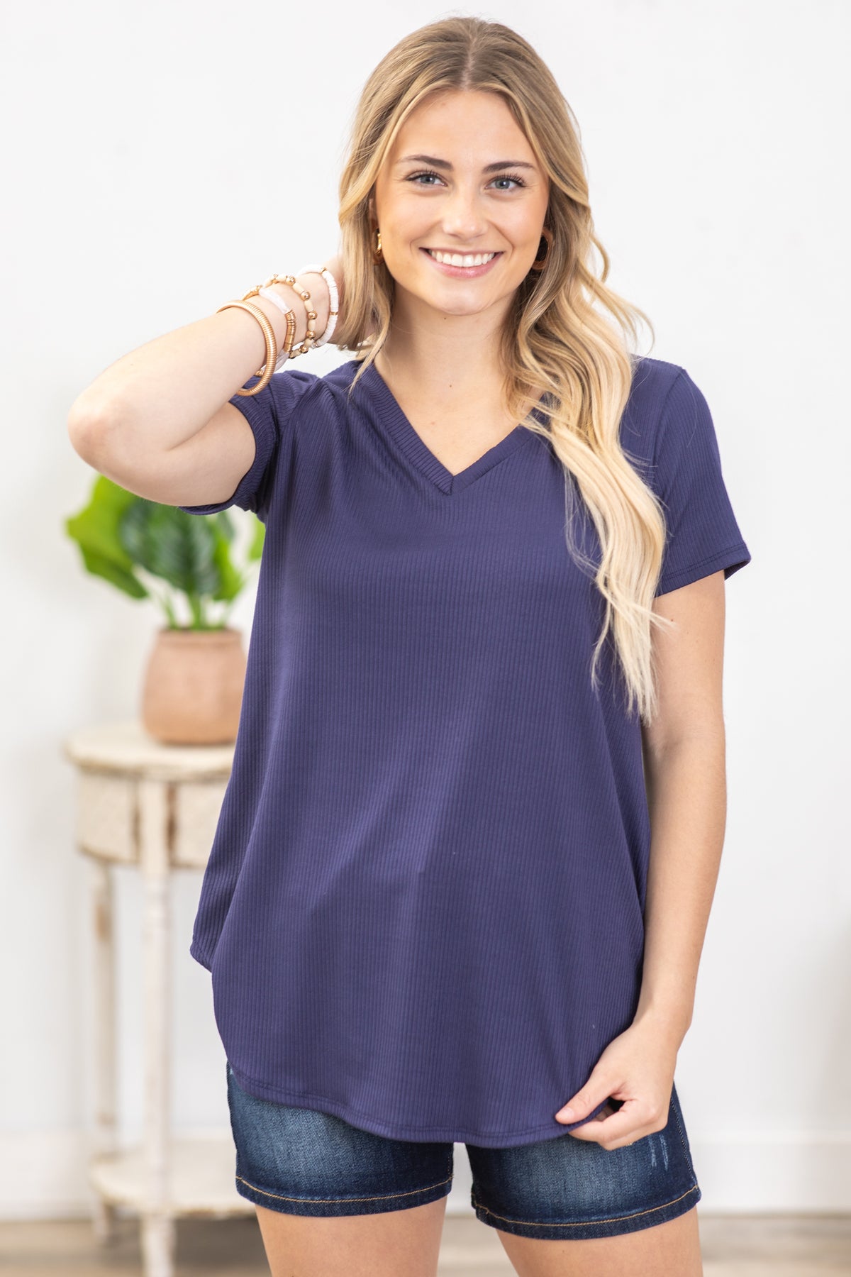 Navy V-Neck Rib Knit Top