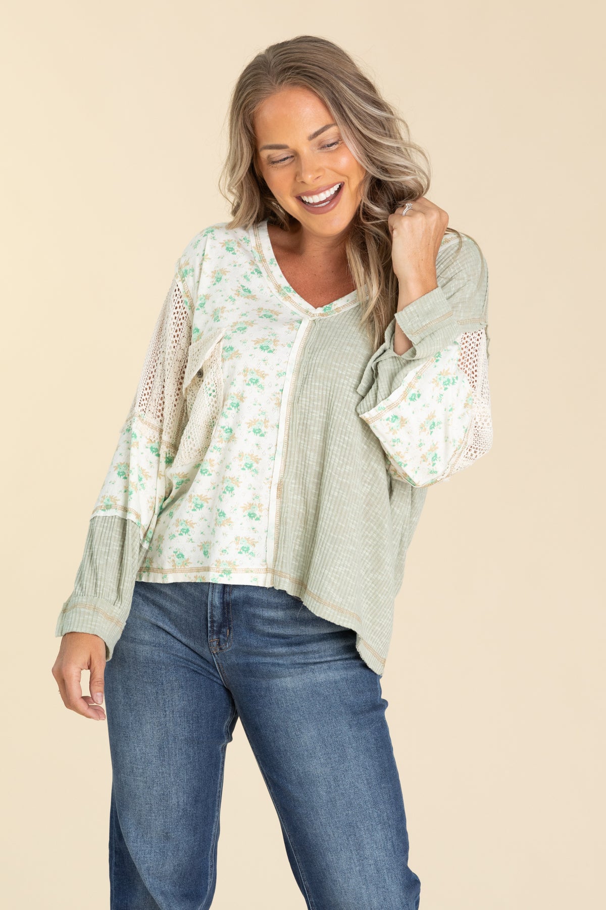 Sage Contrast Floral V-Neck Knit Top