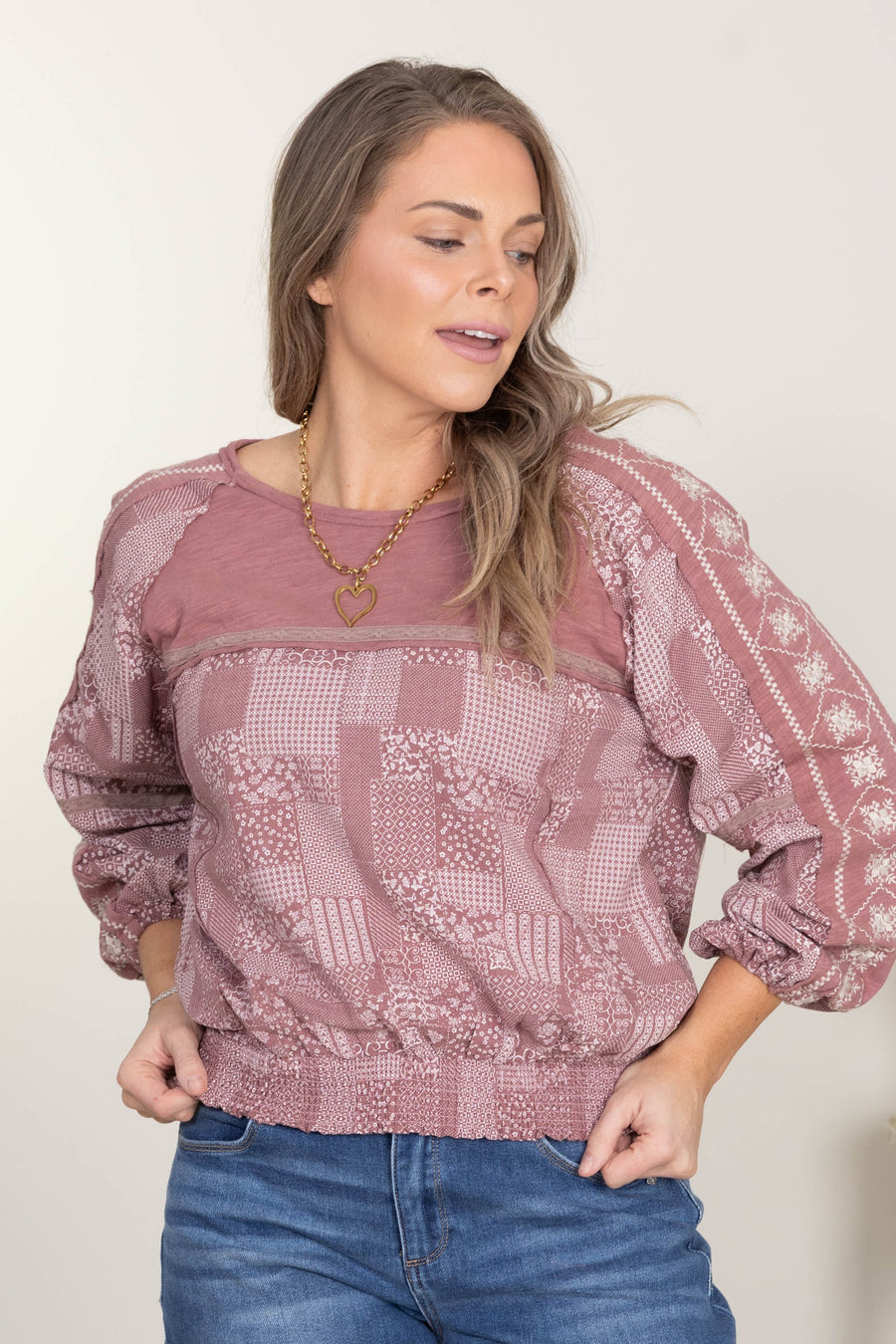 Dusty Rose Patchwork Knit Top With Smocking