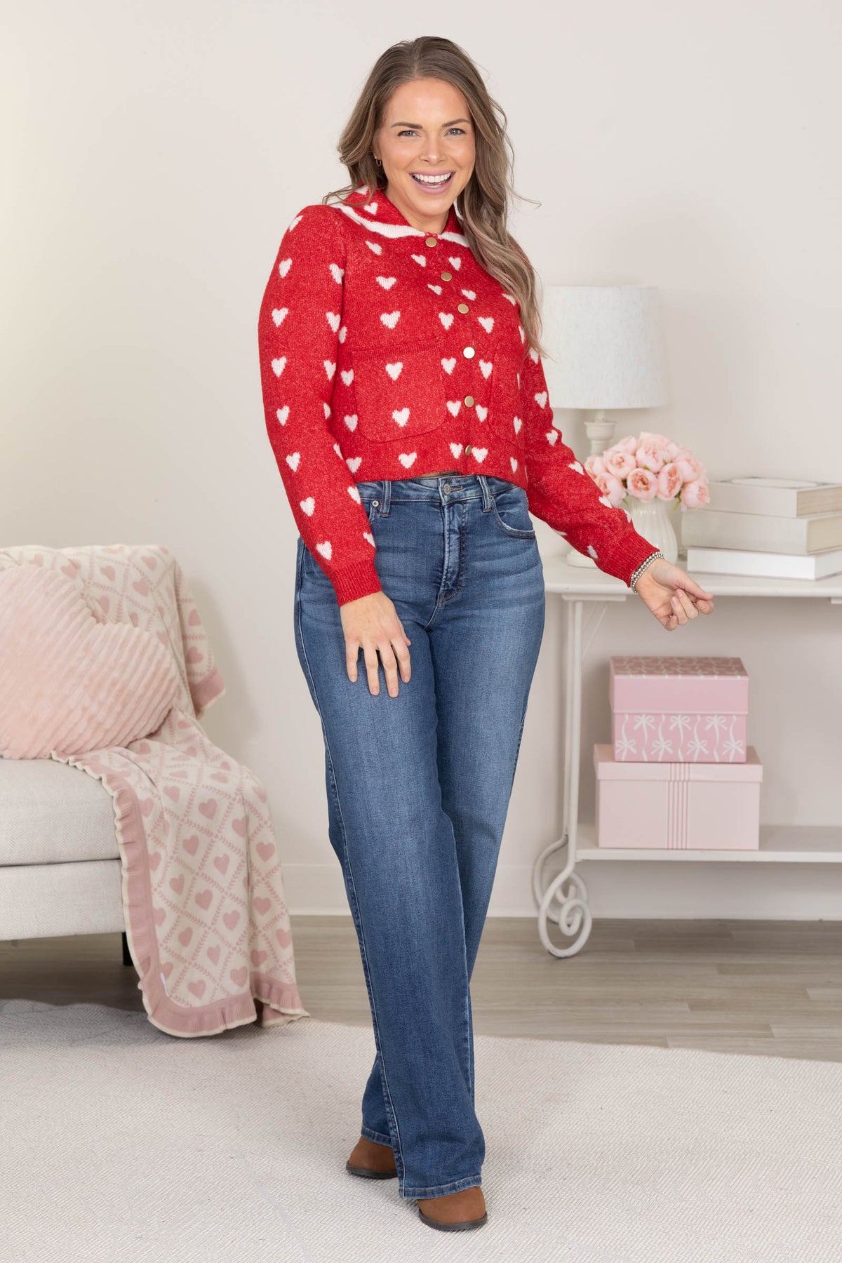 Red Heart Pattern Collared Button Down Cardigan