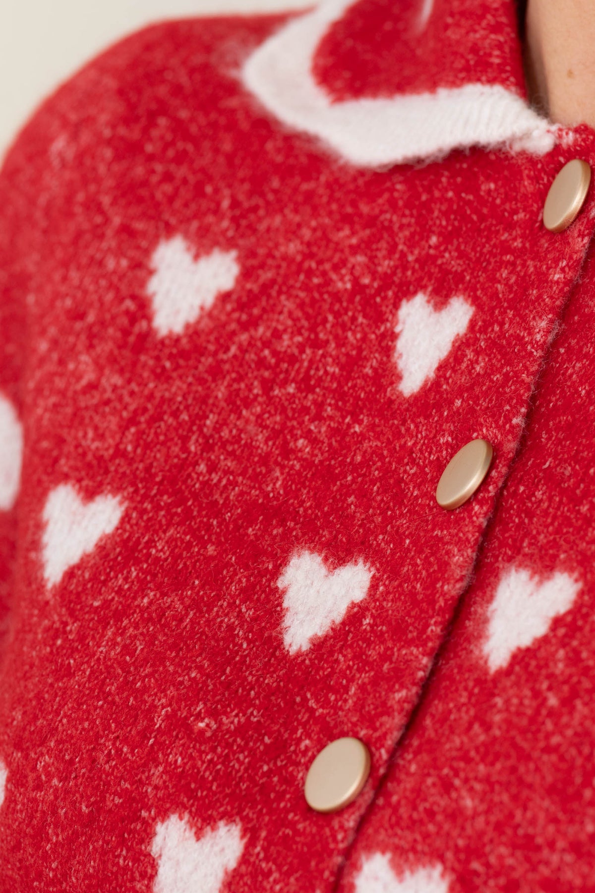 Red Heart Pattern Collared Button Down Cardigan