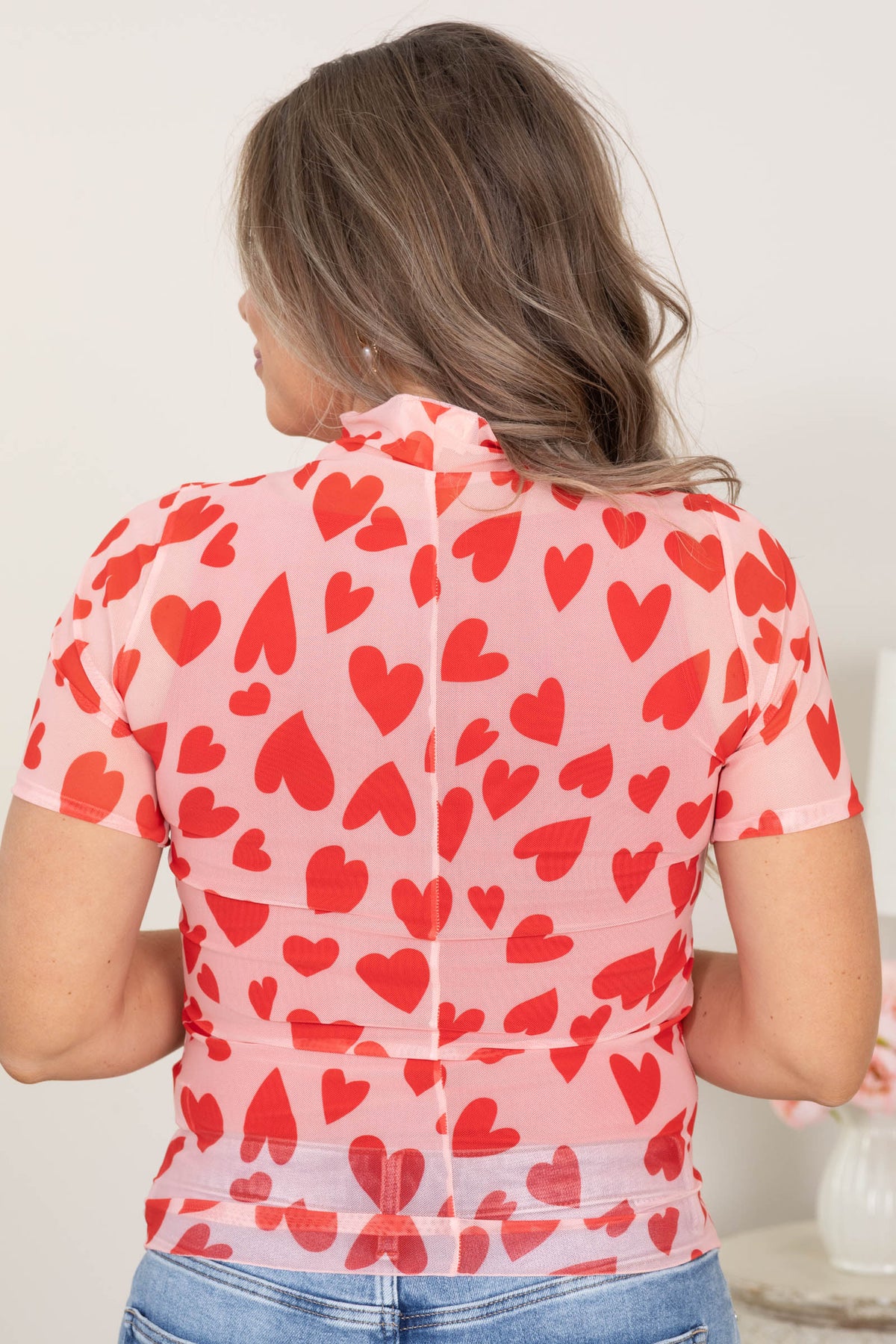 Pink With Printed Red Hearts Mesh Knit Top