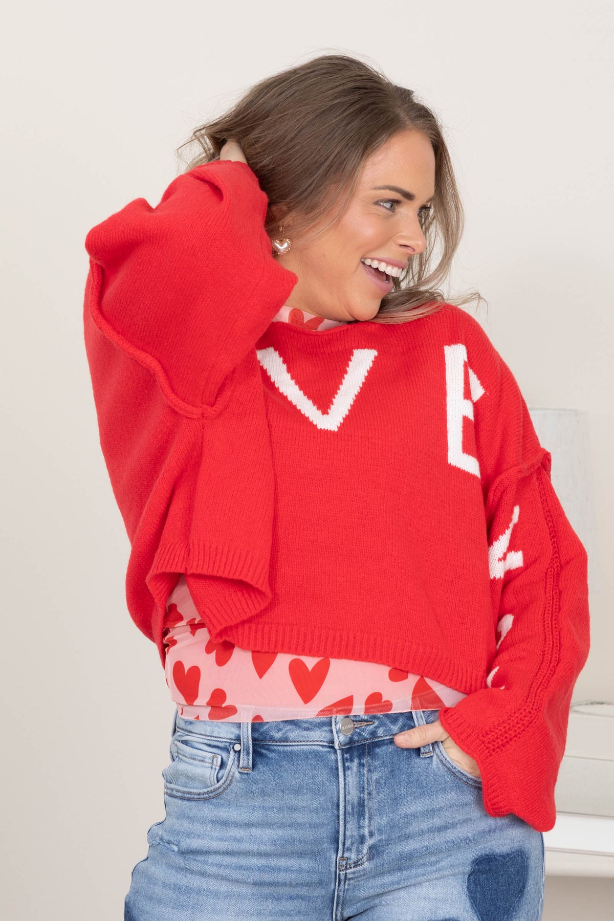 Pink With Printed Red Hearts Mesh Knit Top