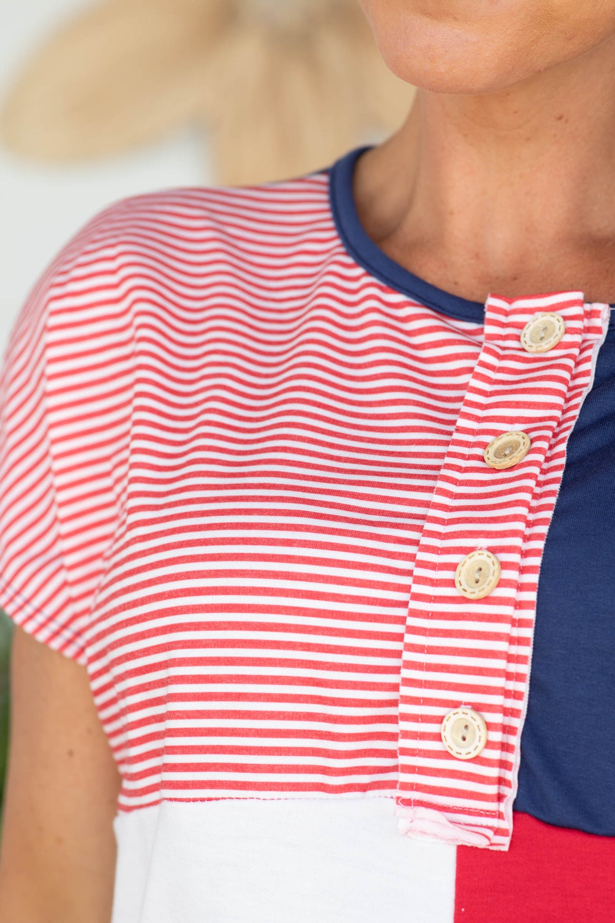 Navy and Red Colorblock Henley Knit Top