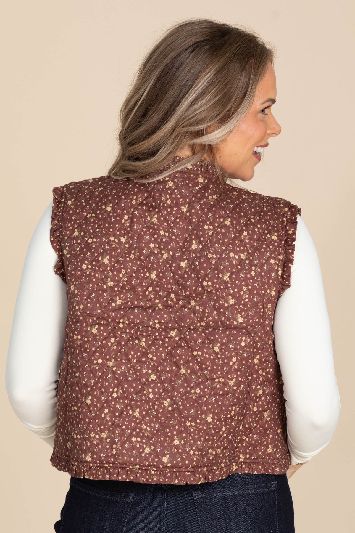 Ditsy Print Ruffle Detail Quilting Vests