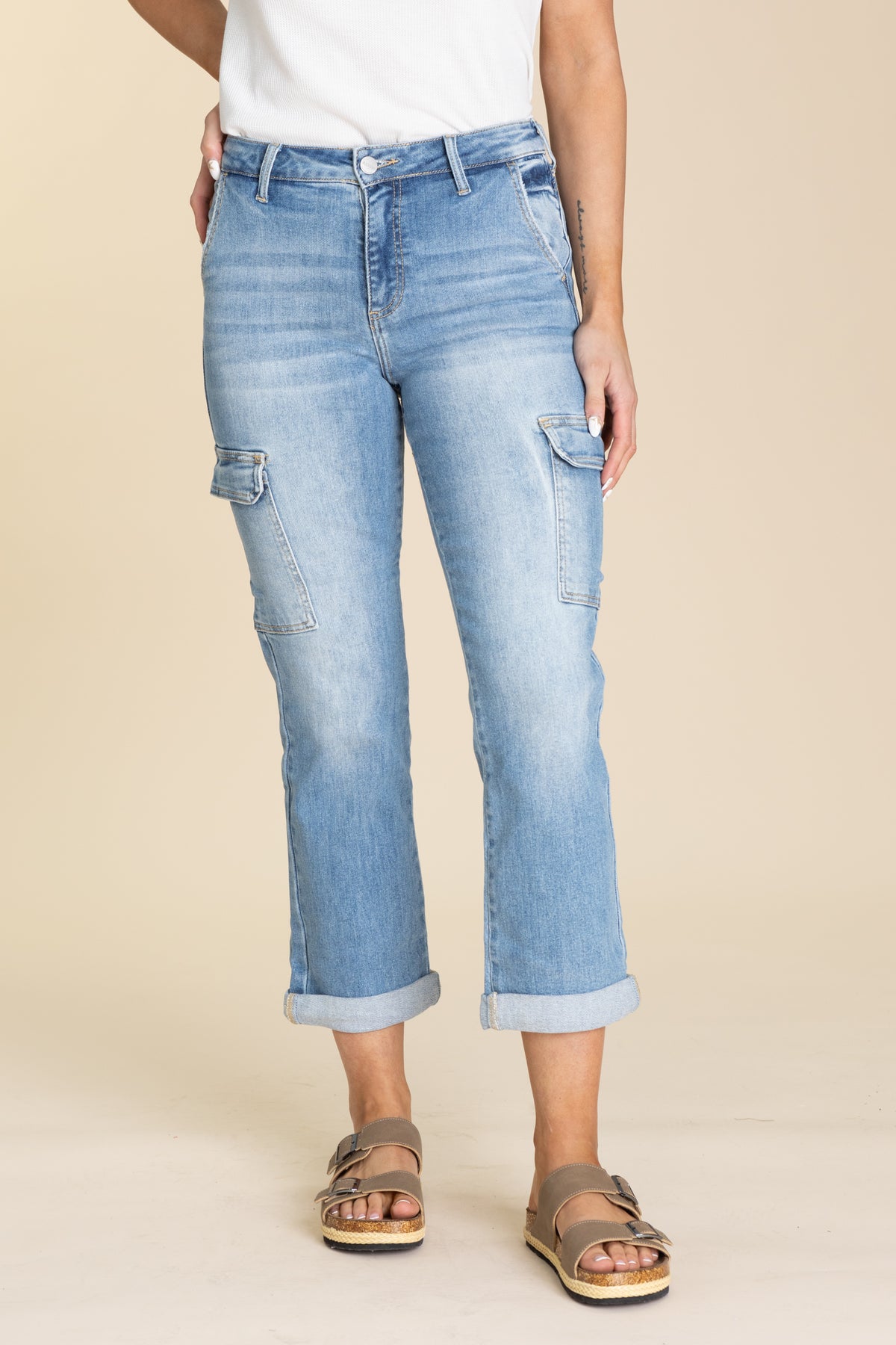 Risen Crop Straight Cargo Roll Up Jean