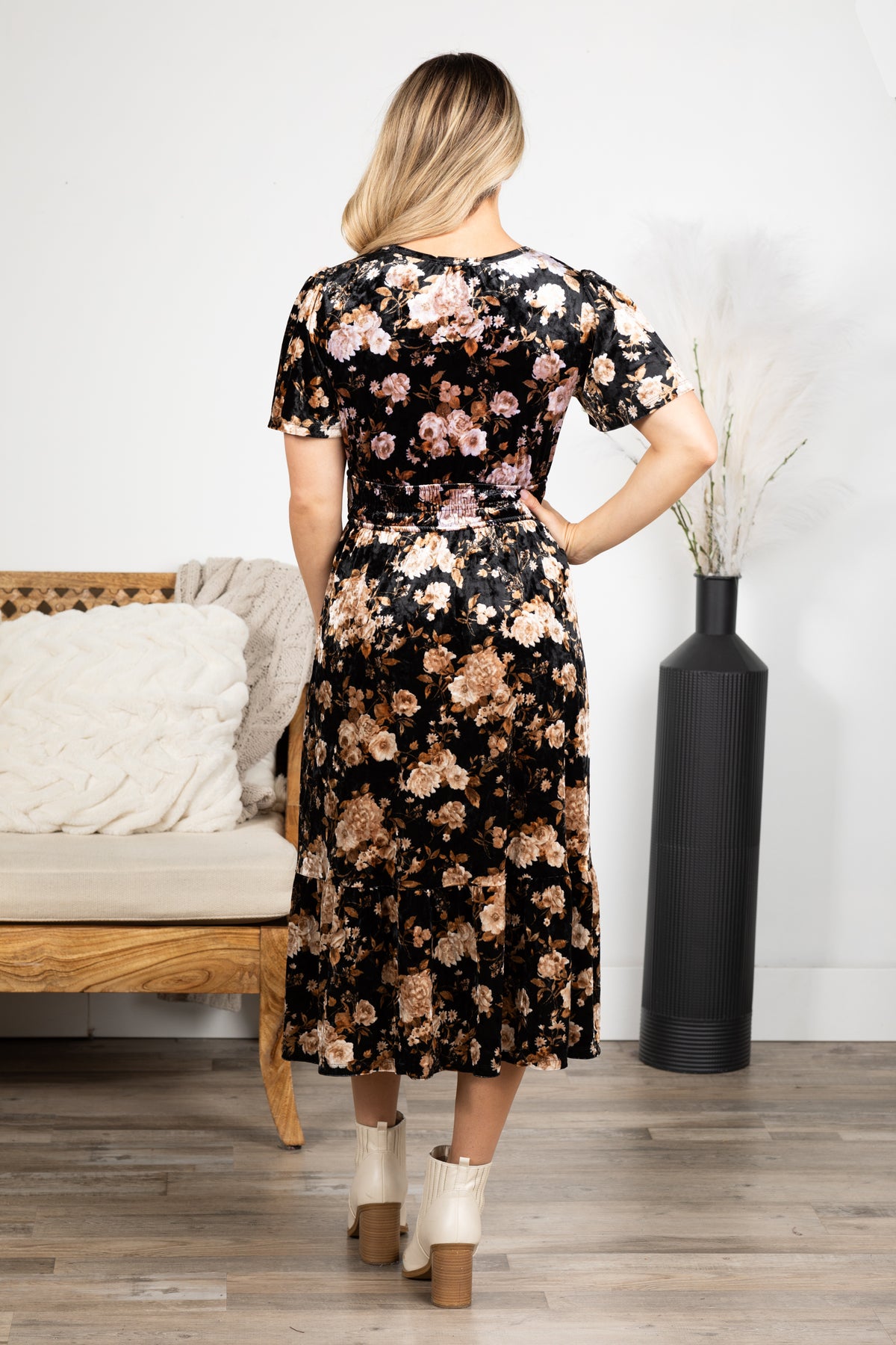 Black Floral Velvet Splice Shirred Midi Dress